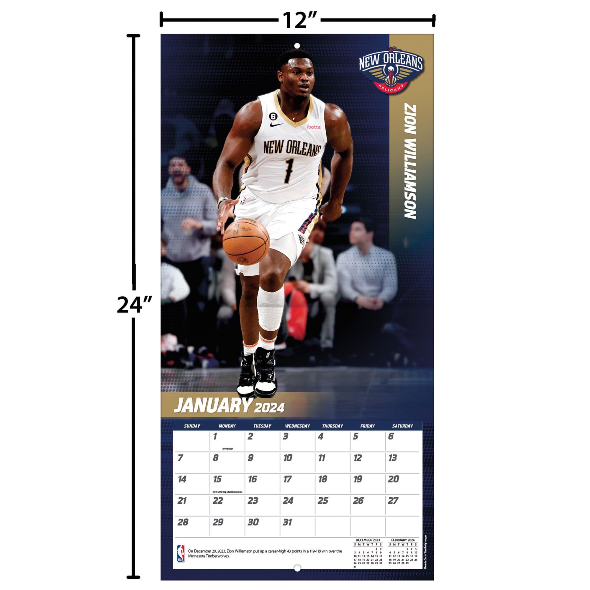 Zion Williamson New Orleans Pelicans 2024 12" x 12" Player Wall Calendar