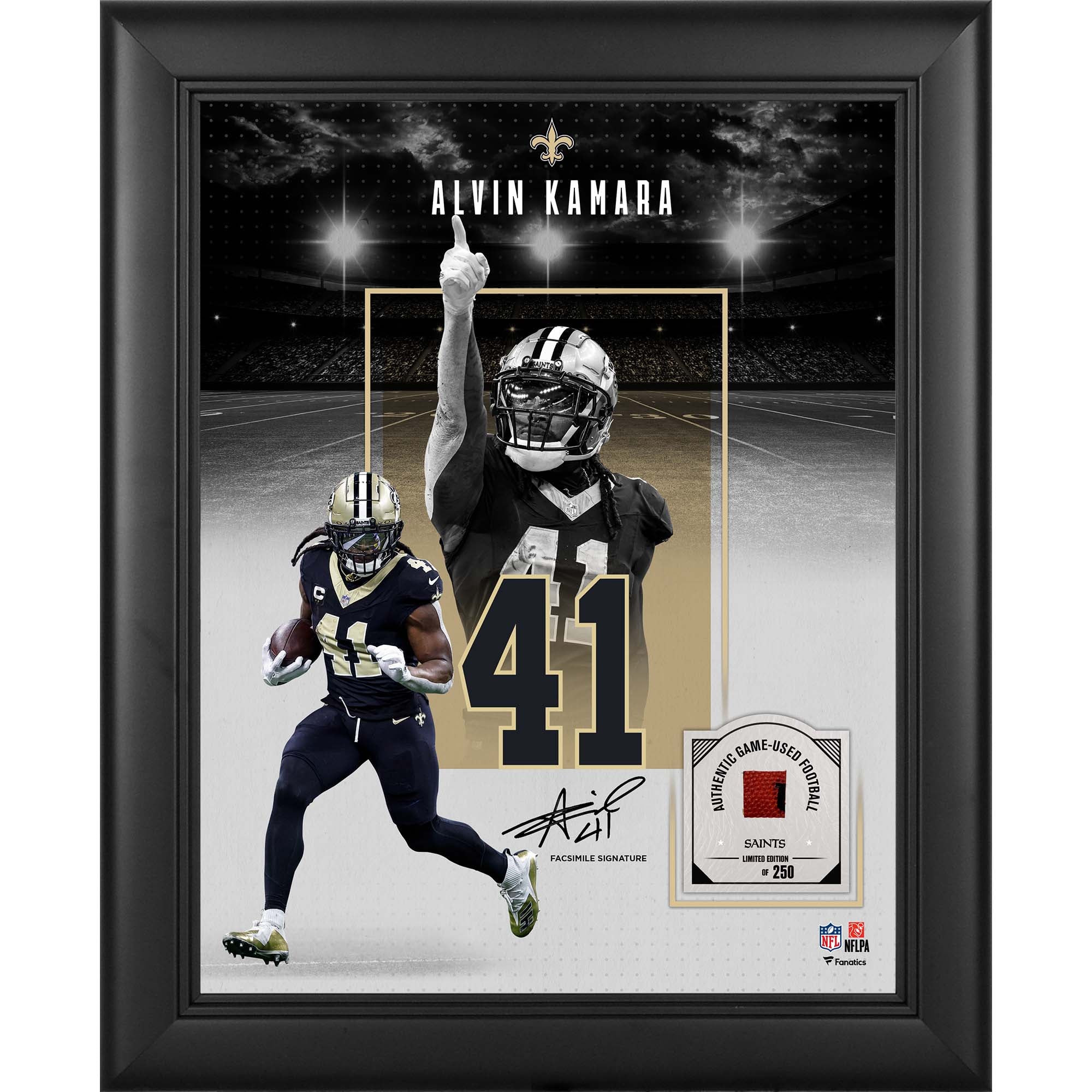 Alvin Kamara New Orleans Saints Facsimile Signature Framed 11" x 14" Showcase Collage with a Piece of Game-Used Football - Limited Edition of 250