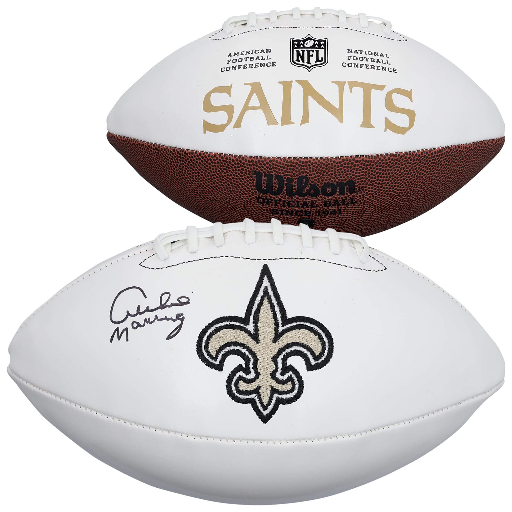 Ballon de football Wilson White Panel autographié par Archie Manning, des Saints de la Nouvelle-Orléans