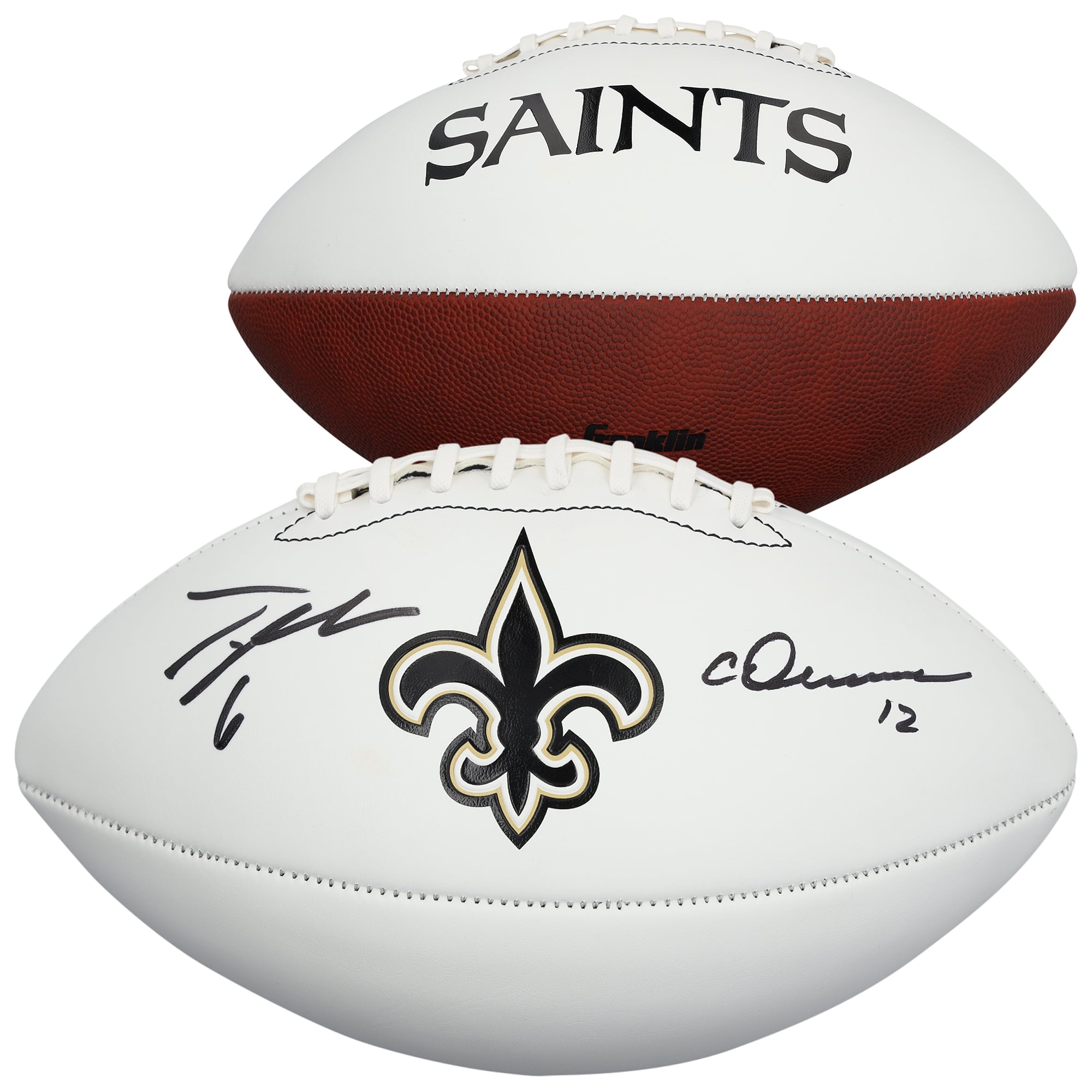 Ballon de football américain Franklin White Panel autographié par Chris Olave et Tyler Shough des Saints de la Nouvelle-Orléans