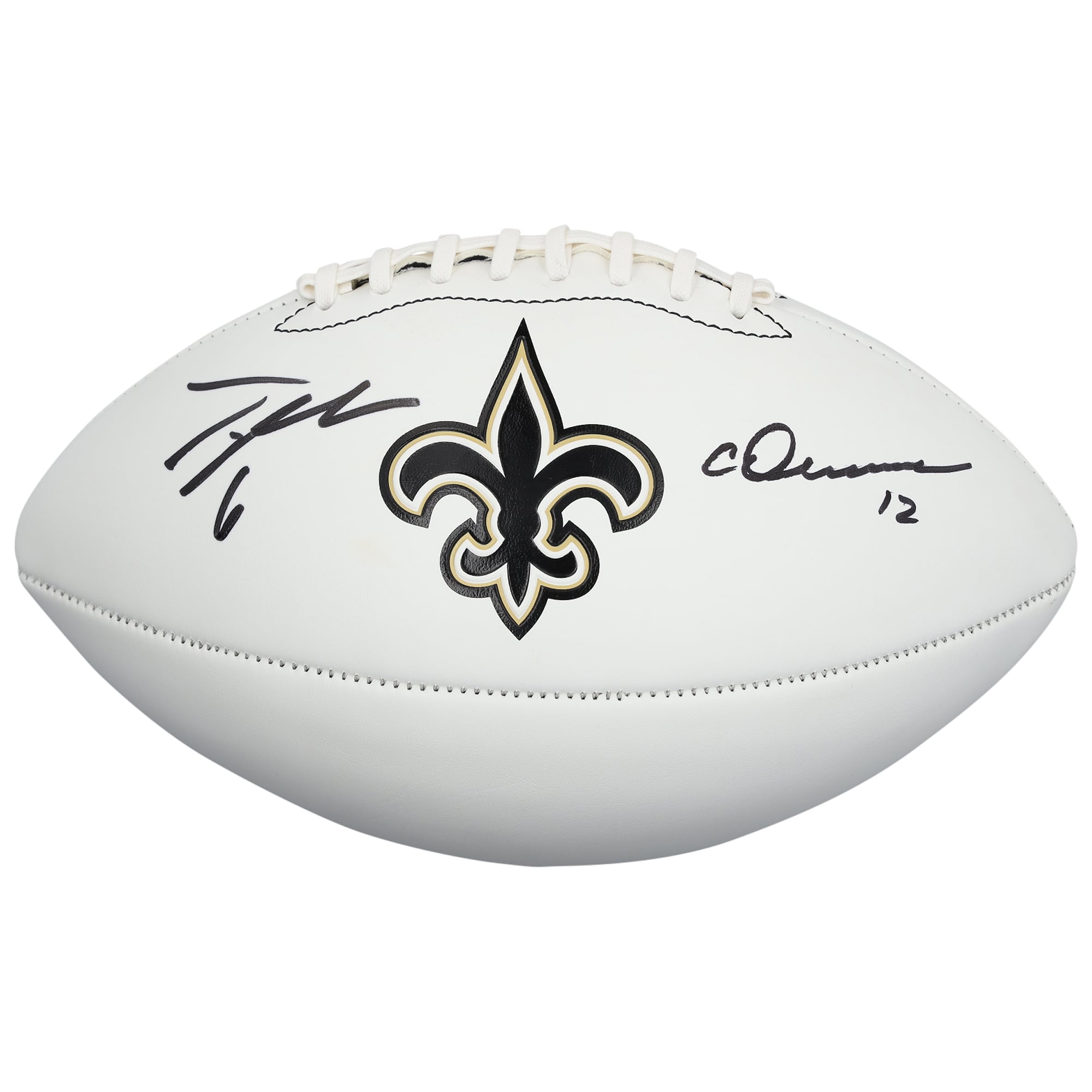 Ballon de football américain Franklin White Panel autographié par Chris Olave et Tyler Shough des Saints de la Nouvelle-Orléans
