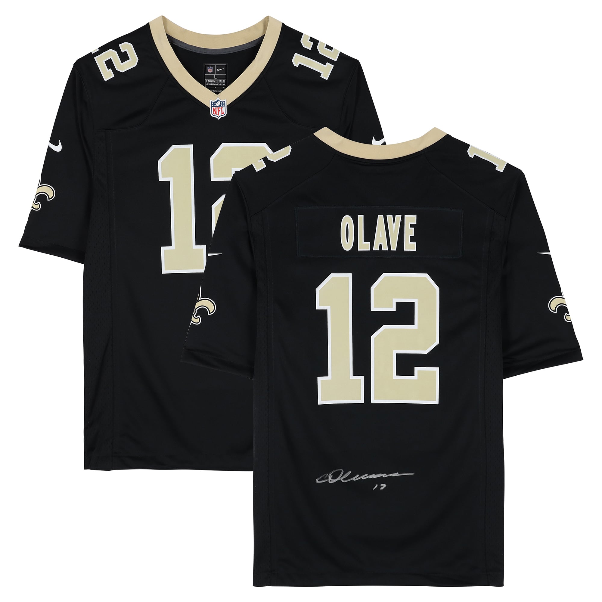 Maillot de match noir Nike autographié de Chris Olave, des Saints de la Nouvelle-Orléans