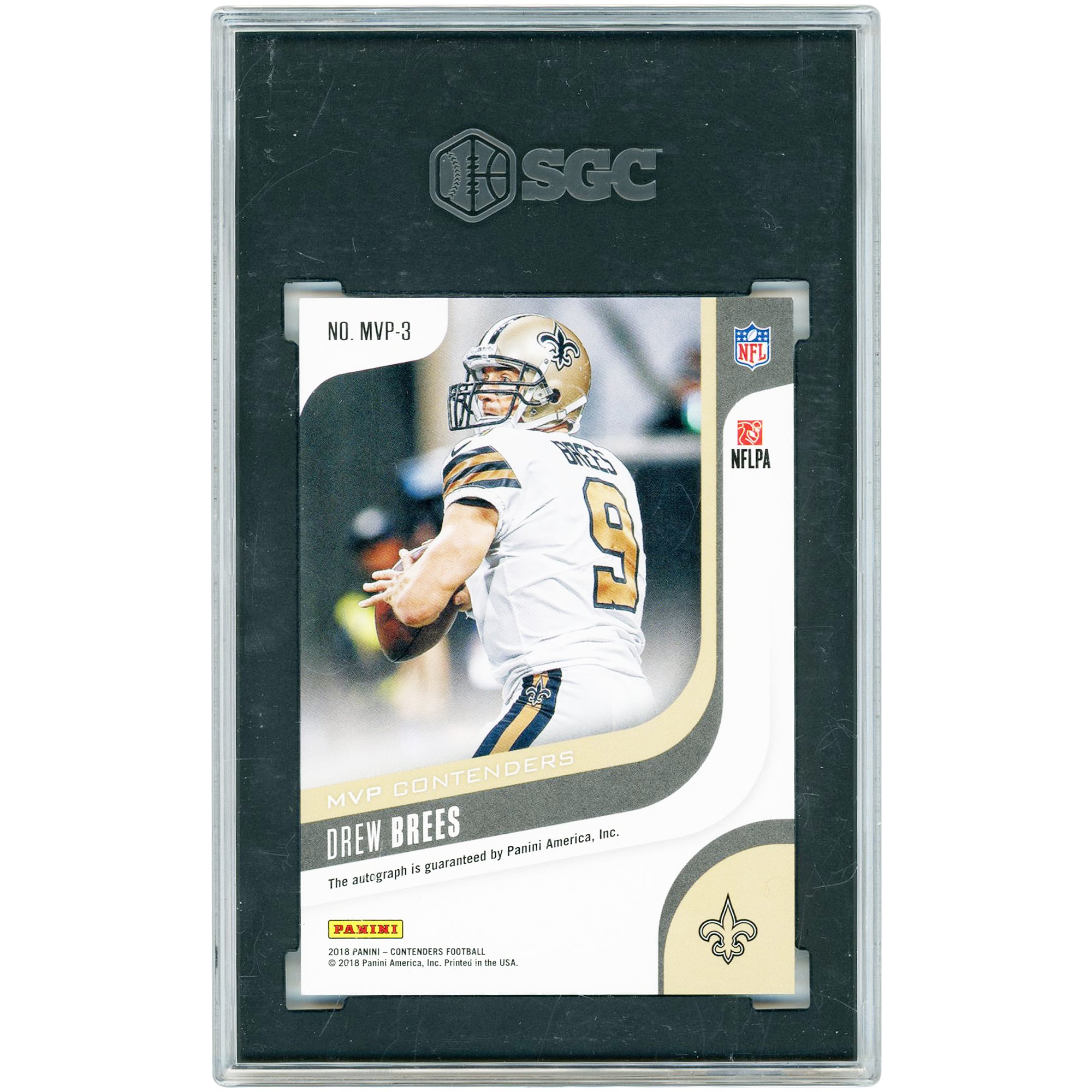 Carte autographiée de Drew Brees (New Orleans Saints) - Collection Panini Contenders Gold MVP Contender 2018, n° MVP-3, n° 1/5, authentifiée SGC (9,5/10).