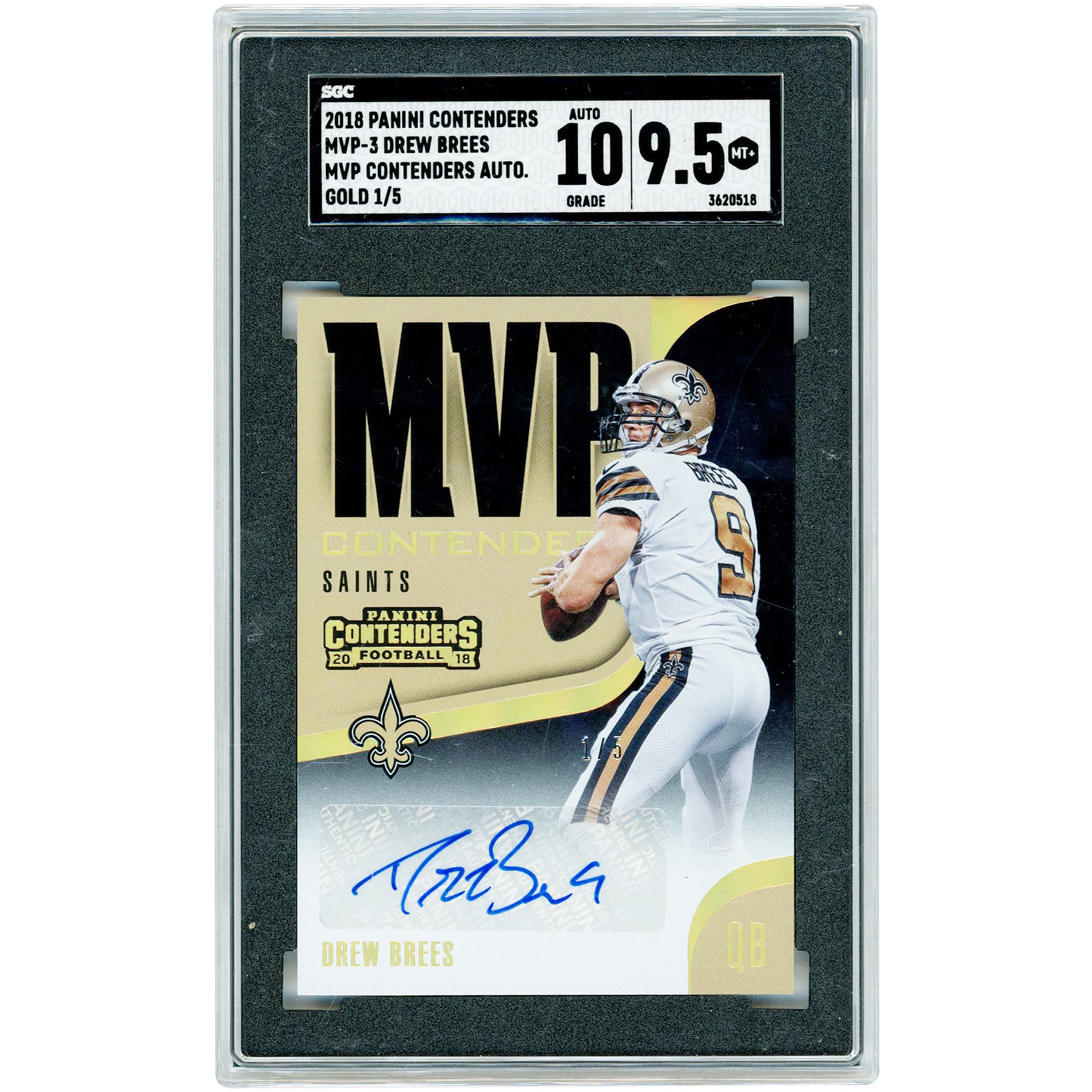 Carte autographiée de Drew Brees (New Orleans Saints) - Collection Panini Contenders Gold MVP Contender 2018, n° MVP-3, n° 1/5, authentifiée SGC (9,5/10).