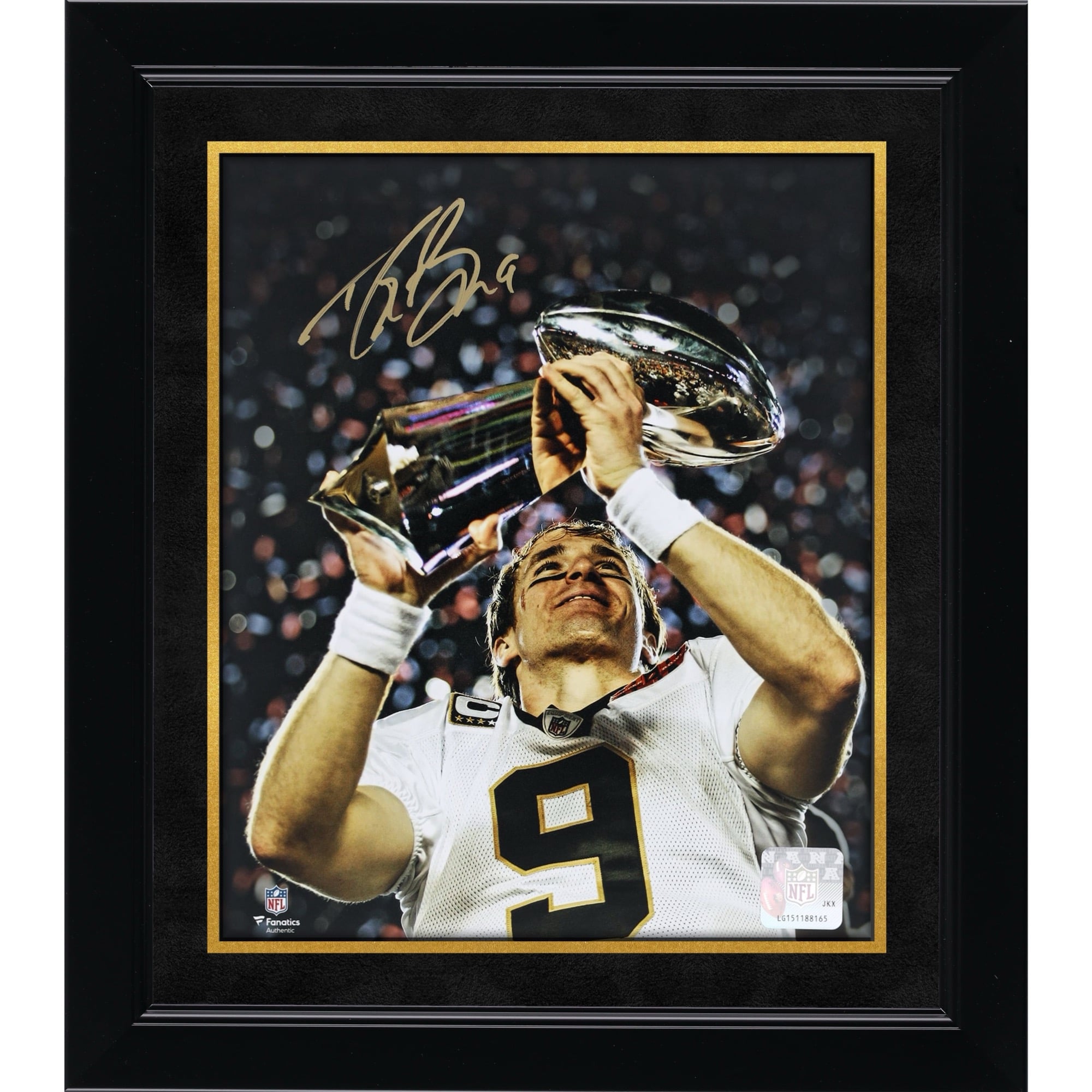Photo dédicacée de Drew Brees (New Orleans Saints) tenant le trophée Lombardi (8 x 10 pouces).