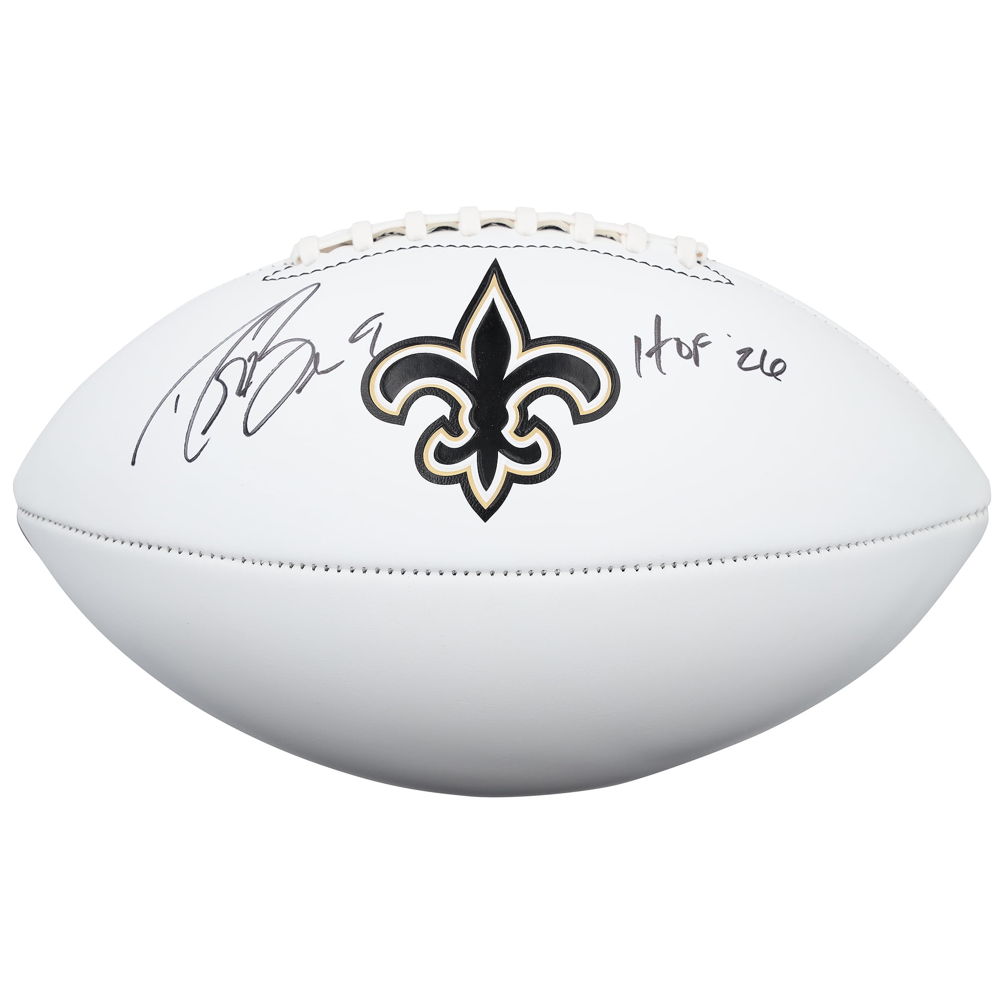 Ballon de football américain Franklin White Panel autographié par Drew Brees (New Orleans Saints) avec inscription « HOF 26 »