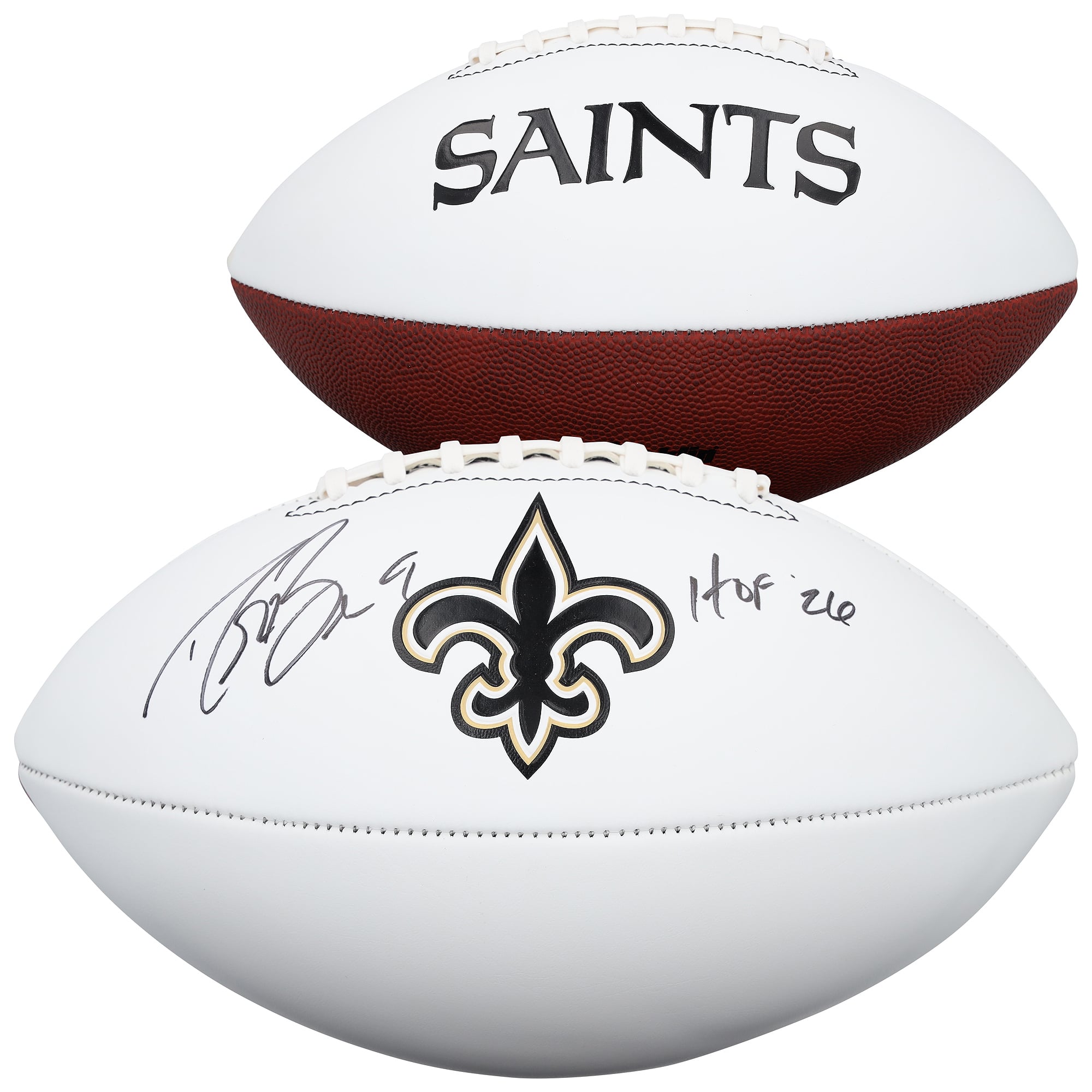 Ballon de football américain Franklin White Panel autographié par Drew Brees (New Orleans Saints) avec inscription « HOF 26 »