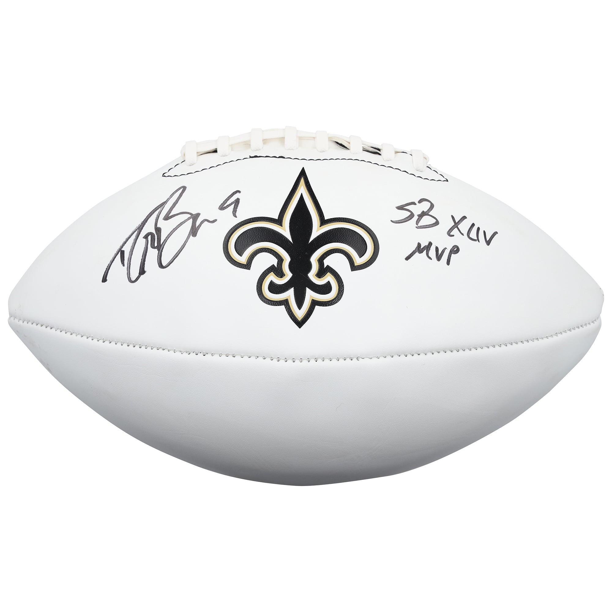Ballon de football américain Franklin White Panel autographié par Drew Brees des Saints de La Nouvelle-Orléans avec inscription « MVP du Super Bowl XLIV ».