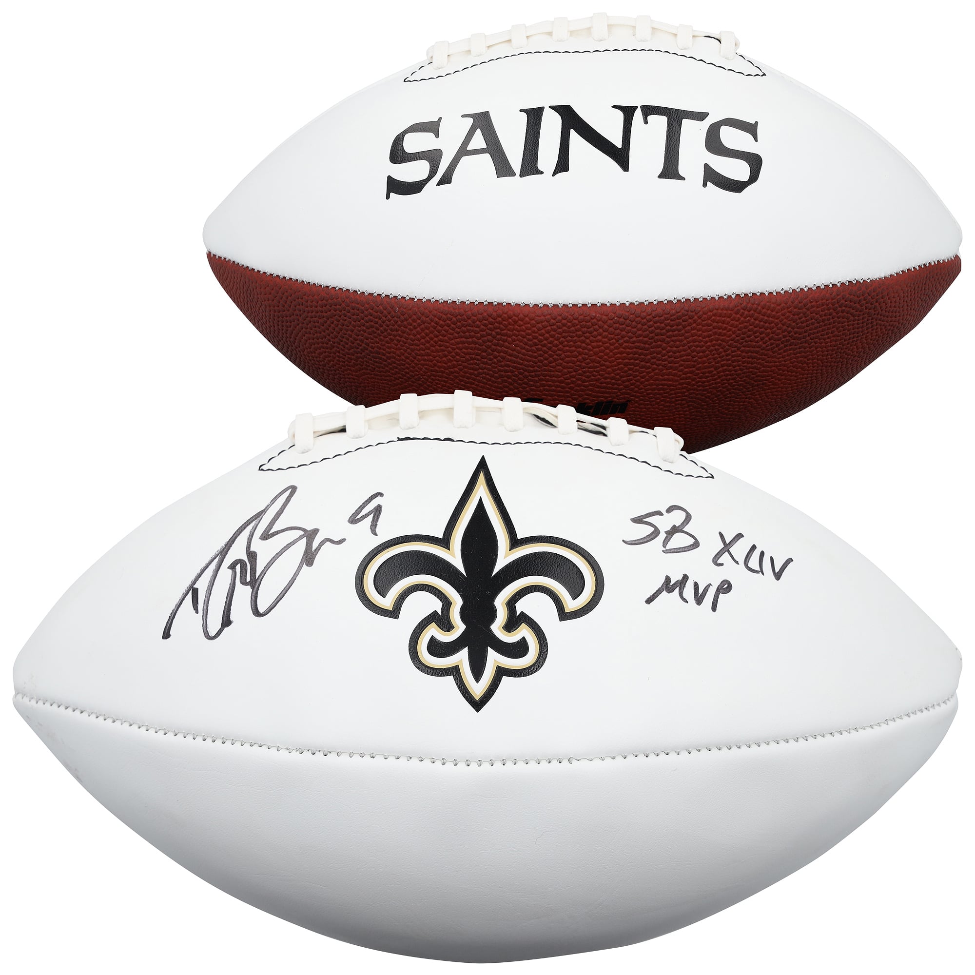 Ballon de football américain Franklin White Panel autographié par Drew Brees des Saints de La Nouvelle-Orléans avec inscription « MVP du Super Bowl XLIV ».