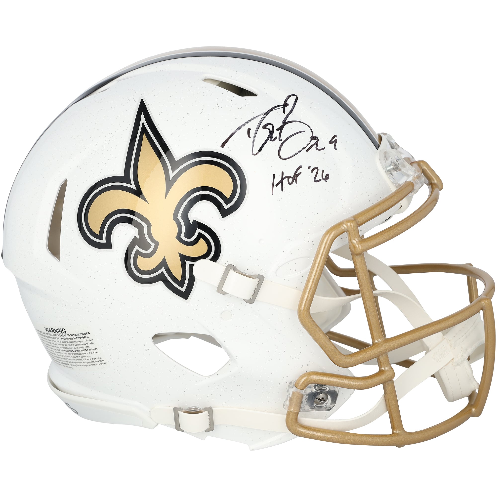 Casque Riddell Alternate Speed ​​Authentic autographié par Drew Brees (New Orleans Saints) avec inscription « HOF 26 ».