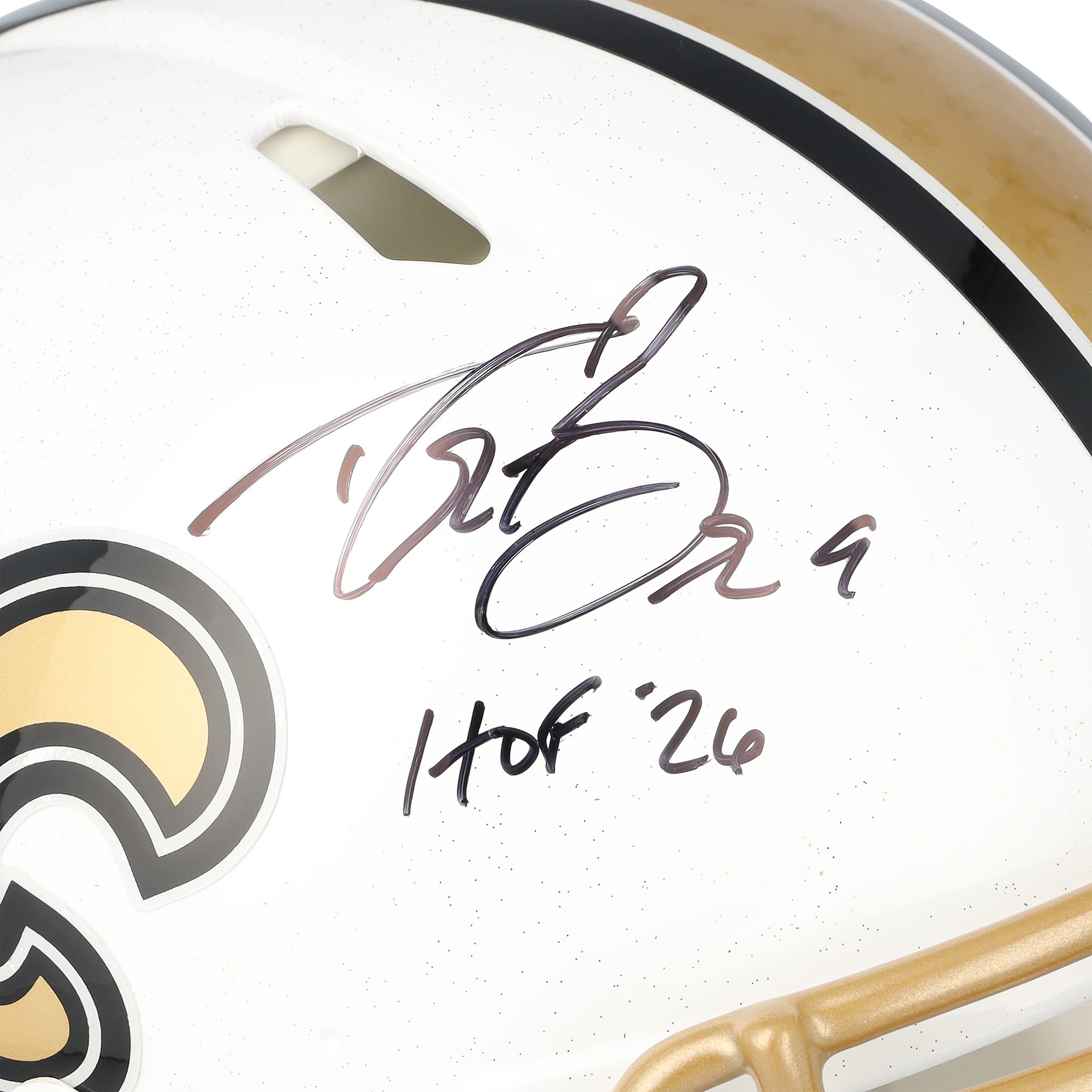 Casque Riddell Alternate Speed ​​Authentic autographié par Drew Brees (New Orleans Saints) avec inscription « HOF 26 ».