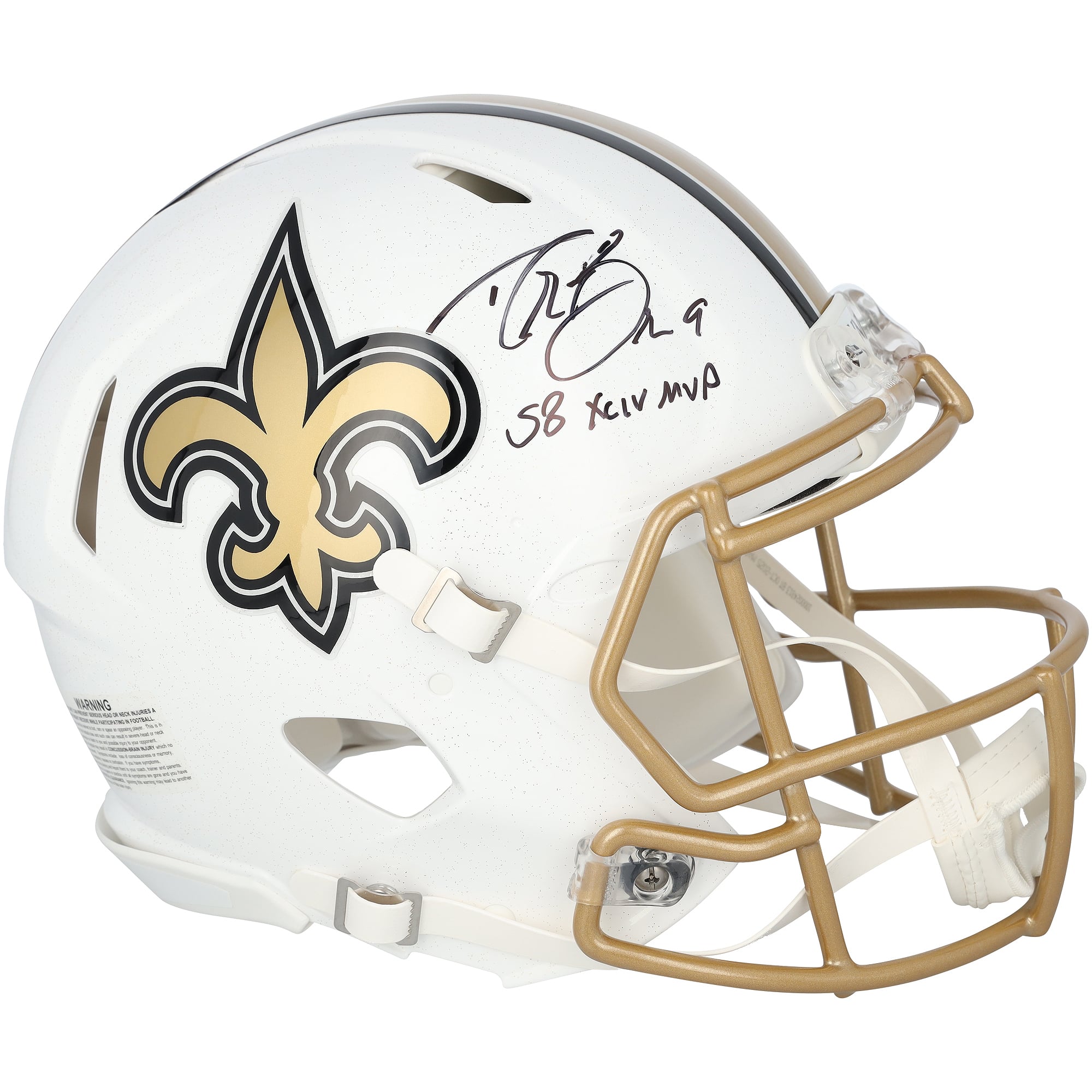 Casque Riddell Alternate Speed ​​Authentic 2025 autographié par Drew Brees (New Orleans Saints) avec inscription « SB XLIV MVP ».