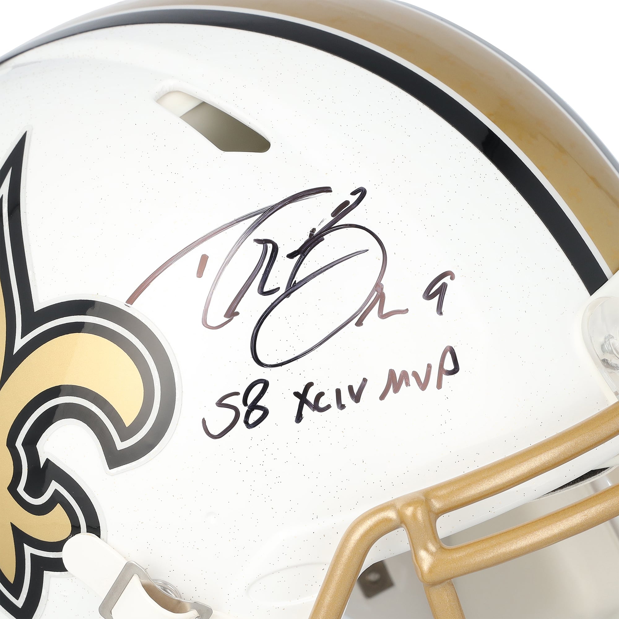 Casque Riddell Alternate Speed ​​Authentic 2025 autographié par Drew Brees (New Orleans Saints) avec inscription « SB XLIV MVP ».