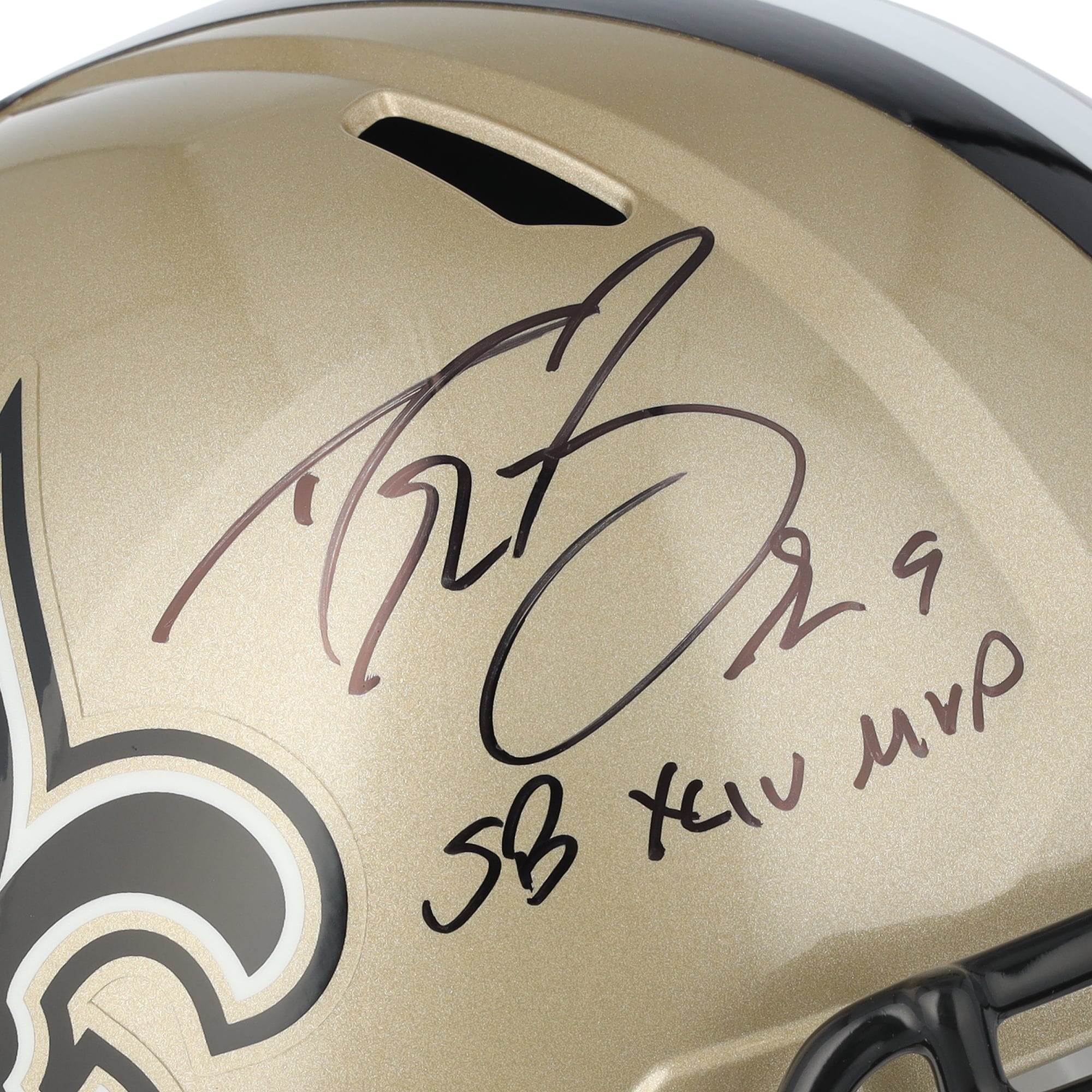 Casque réplique Riddell Speed ​​autographié par Drew Brees des Saints de La Nouvelle-Orléans avec inscription « SB XLIV MVP »