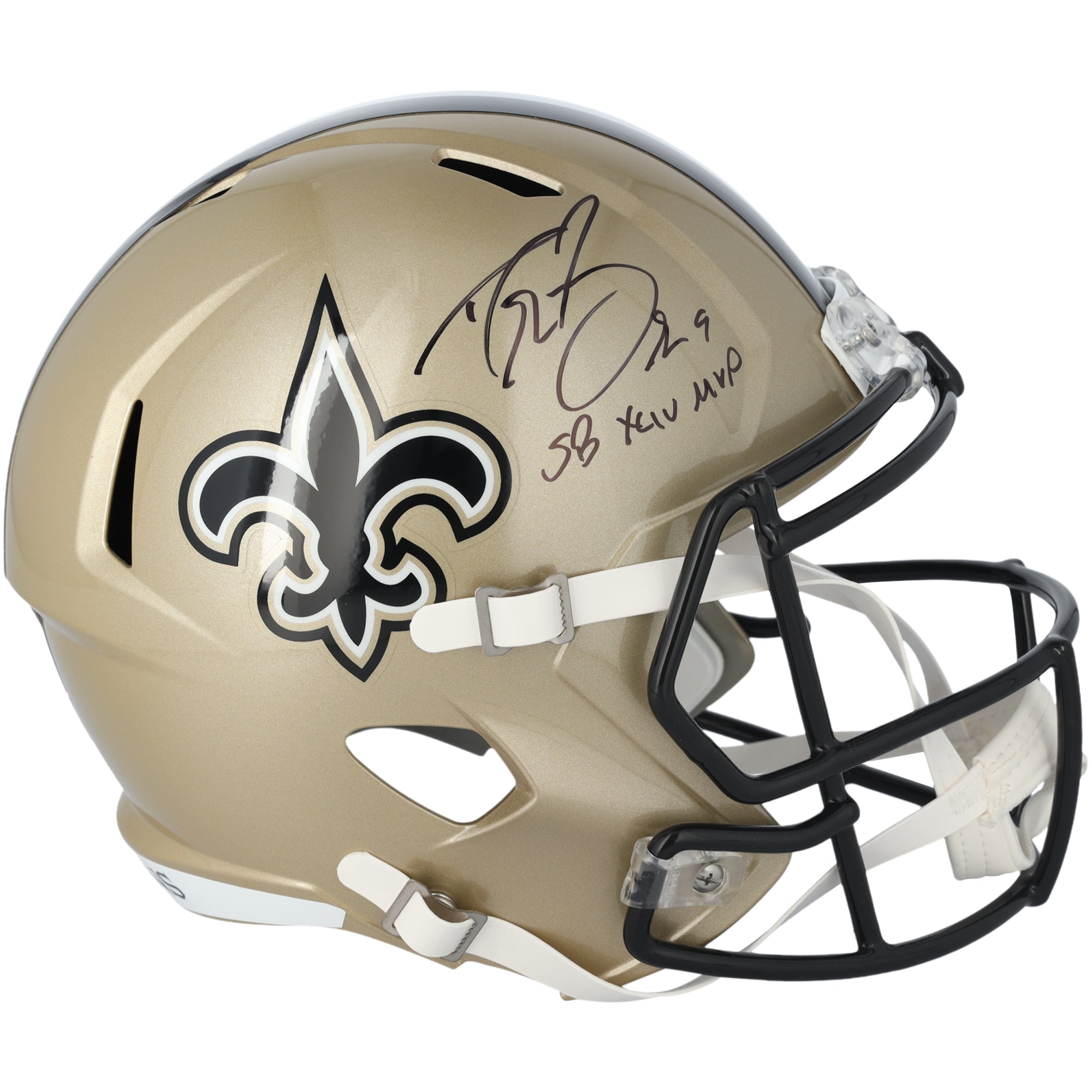 Casque réplique Riddell Speed ​​autographié par Drew Brees des Saints de La Nouvelle-Orléans avec inscription « SB XLIV MVP »