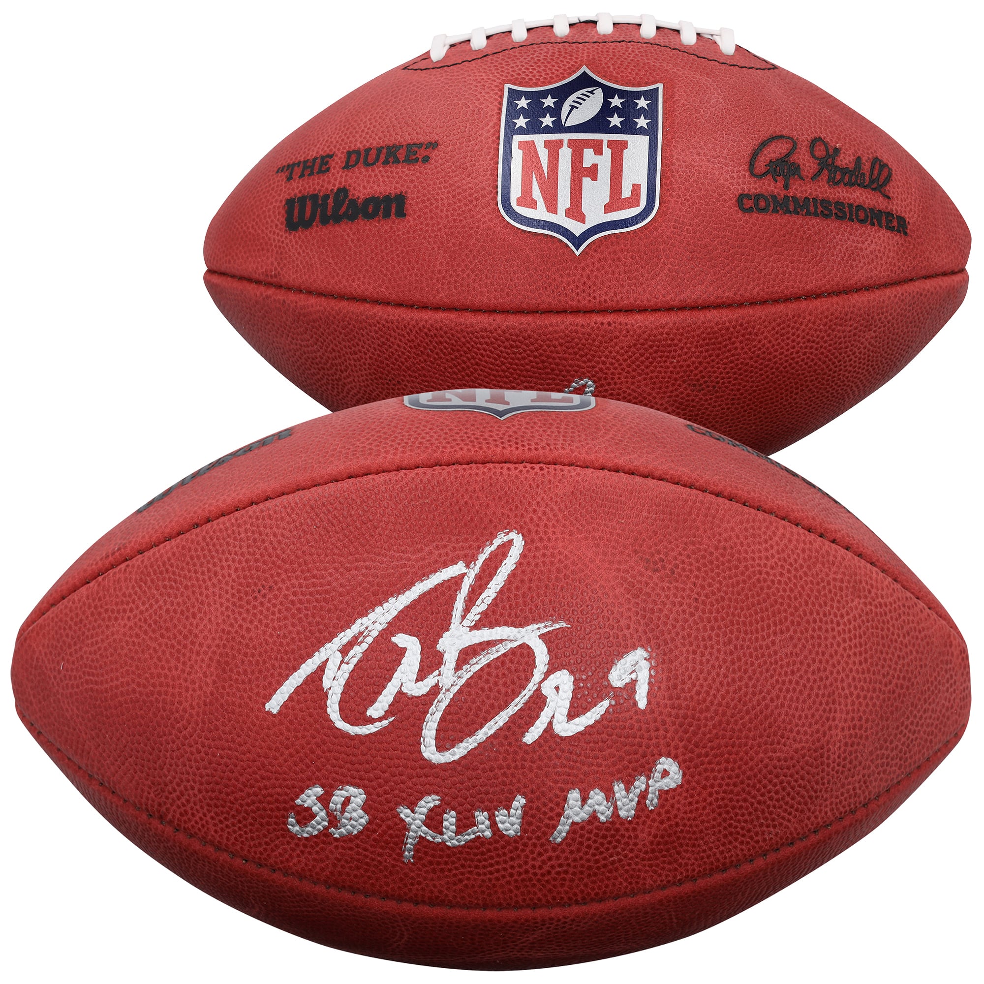 Ballon de football Wilson Duke en couleur, autographié par Drew Brees des Saints de La Nouvelle-Orléans, avec inscription « MVP du Super Bowl XLIV ».