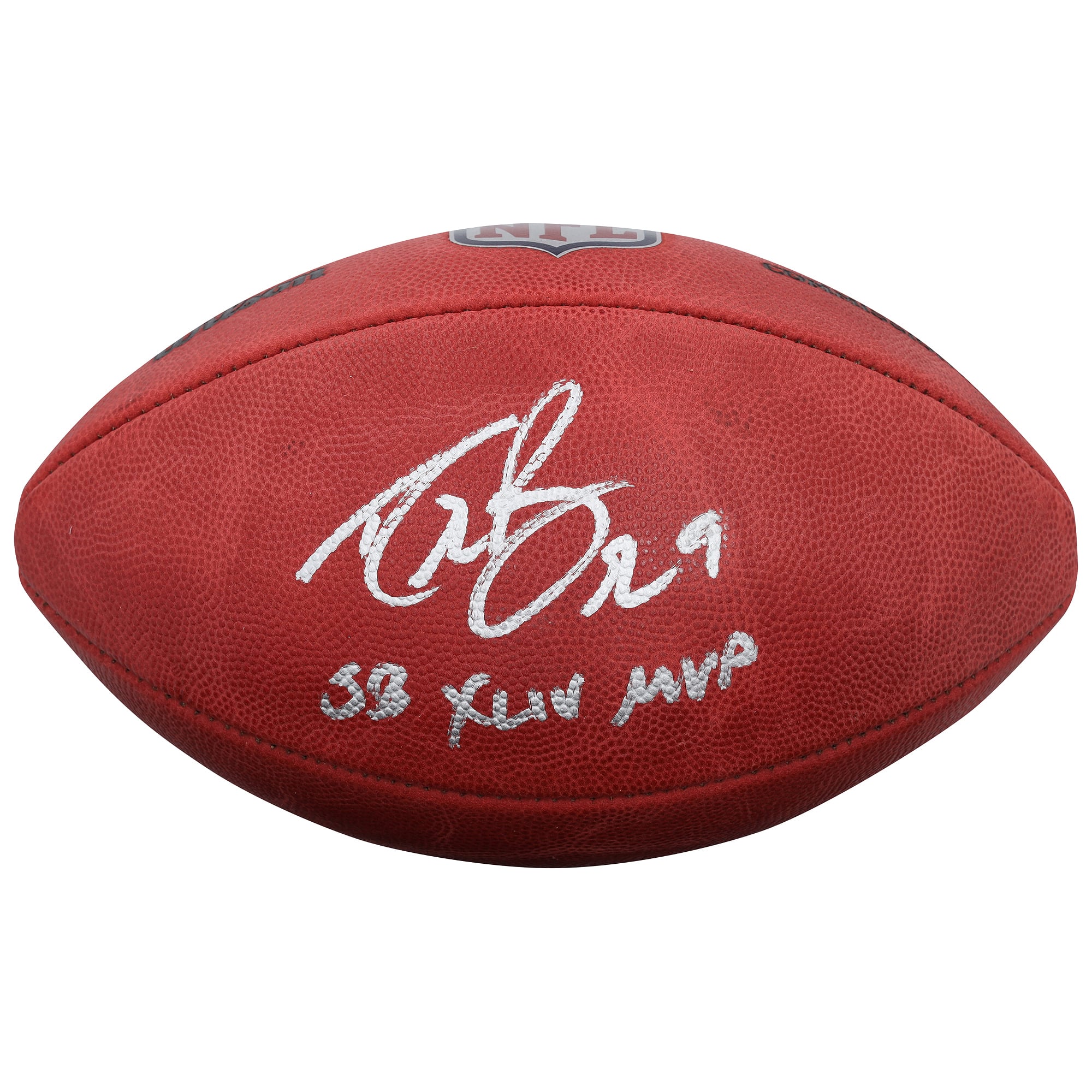 Ballon de football Wilson Duke en couleur, autographié par Drew Brees des Saints de La Nouvelle-Orléans, avec inscription « MVP du Super Bowl XLIV ».
