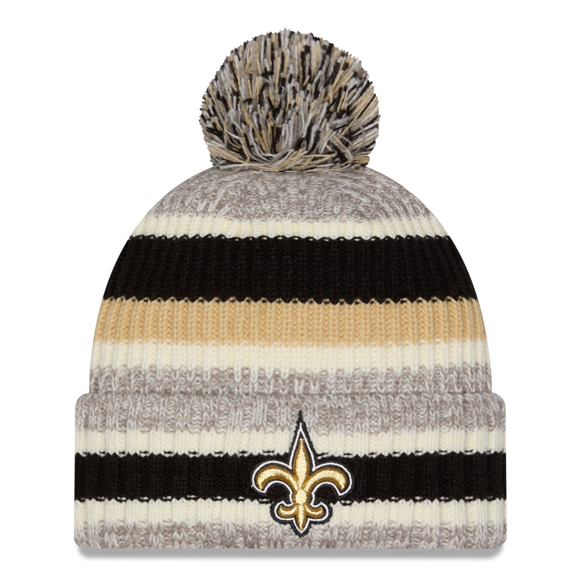 Bonnet à revers rayé New Era noir/beige des Saints de la Nouvelle-Orléans pour fille, avec pompon