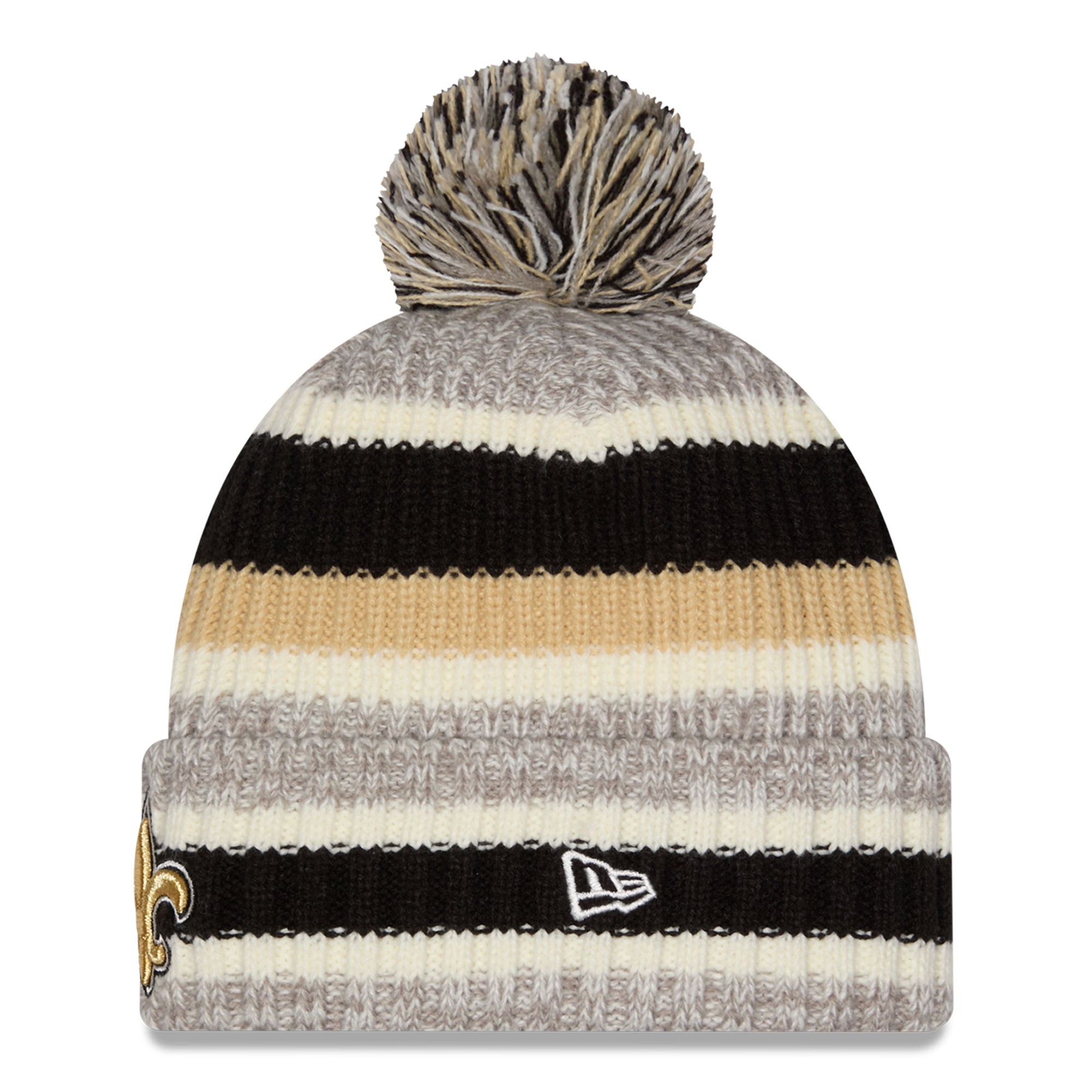 Bonnet à revers rayé New Era noir/beige des Saints de la Nouvelle-Orléans pour fille, avec pompon