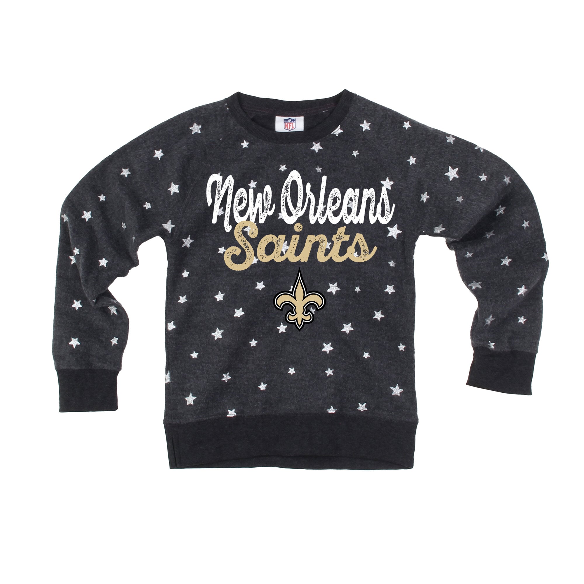 Girls Youth Wes & Willy Black New Orleans Saints Shimmer Star Reverse Sweatshirt