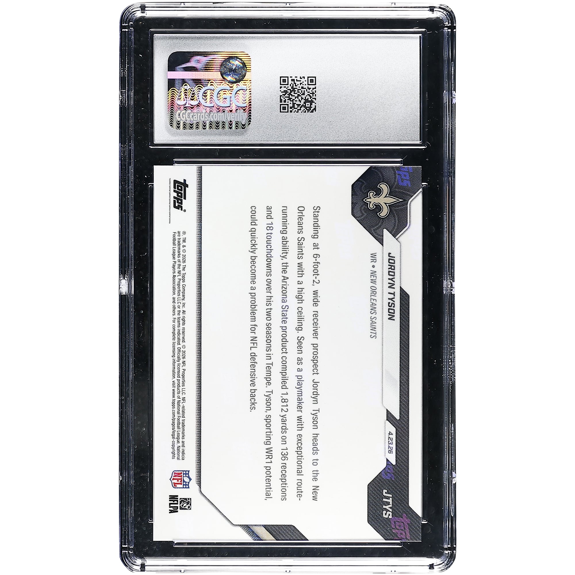 Jordyn Tyson New Orleans Saints 2026 Topps Now Saints 8th Overall '26 NFL Draft Selection #JTYS CGC Authenticated GEM MINT 10 Rookie Card
