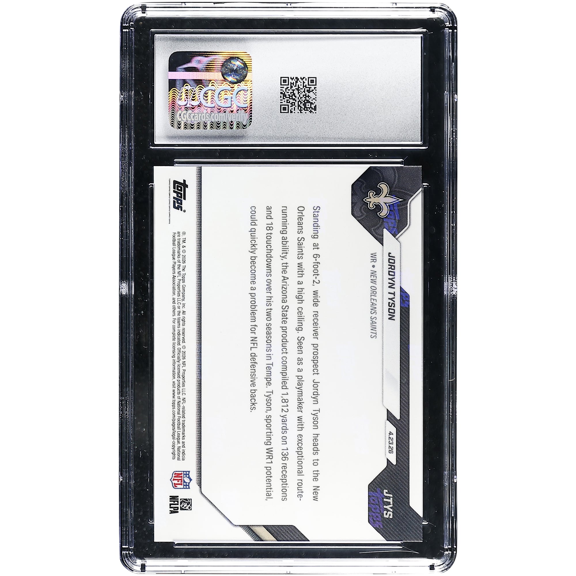 Jordyn Tyson New Orleans Saints 2026 Topps Now Saints 8th Overall '26 NFL Draft Selection #JTYS CGC Authenticated MINT+ 9.5 Rookie Card