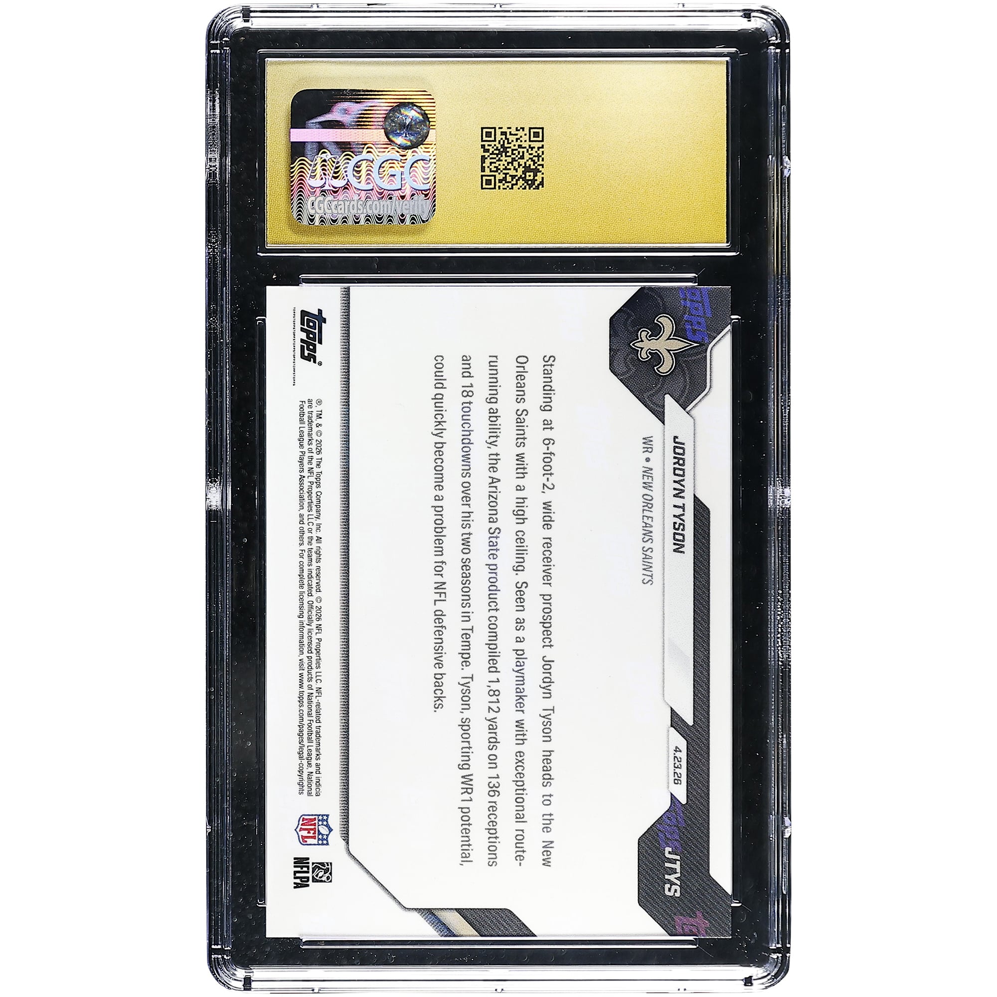 Jordyn Tyson New Orleans Saints 2026 Topps Now Saints 8th Overall '26 NFL Draft Selection #JTYS CGC Authenticated PRISTINE 10 Rookie Card