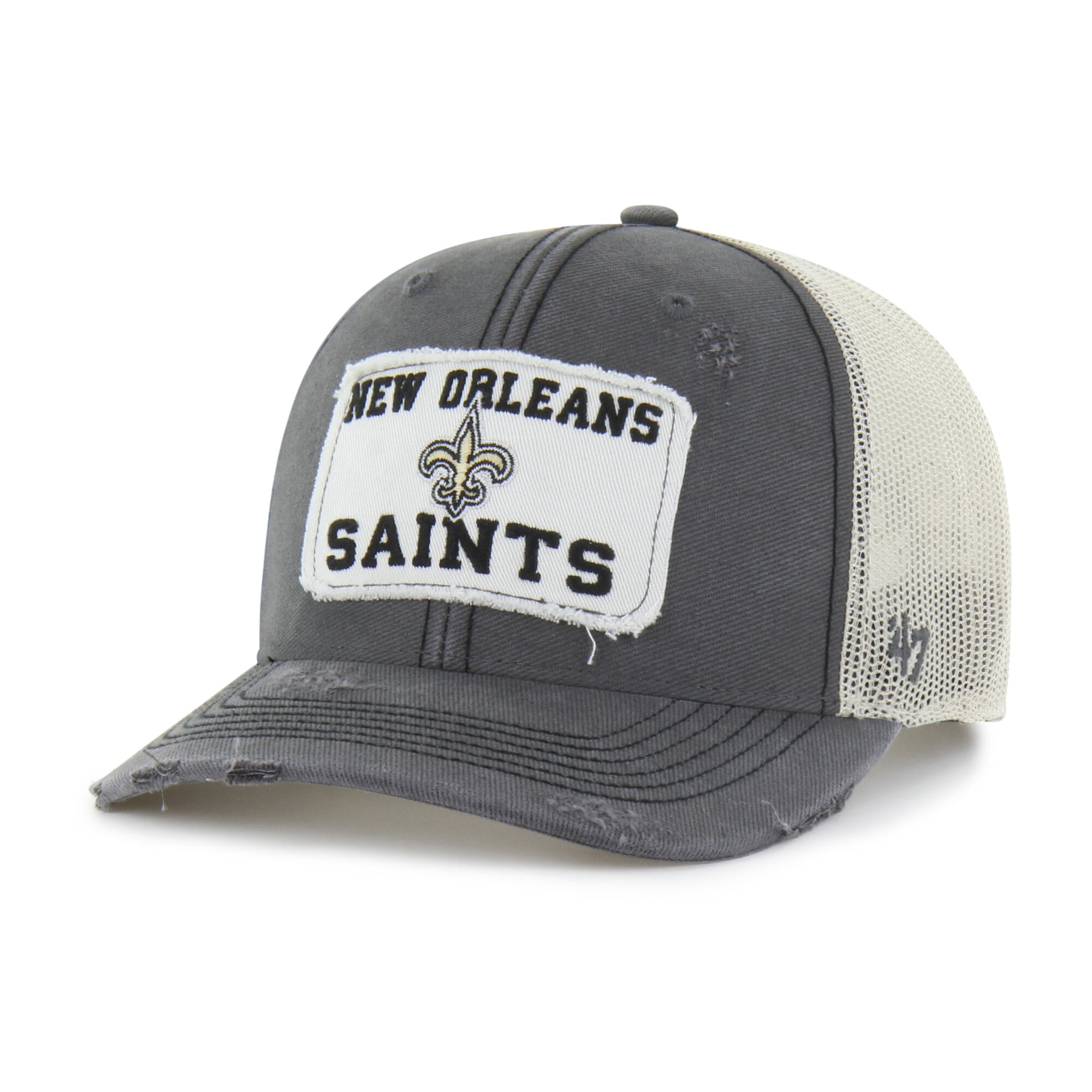 Casquette trucker ajustable New Orleans Saints '47 pour homme, couleur anthracite, modèle Egremont, usée.