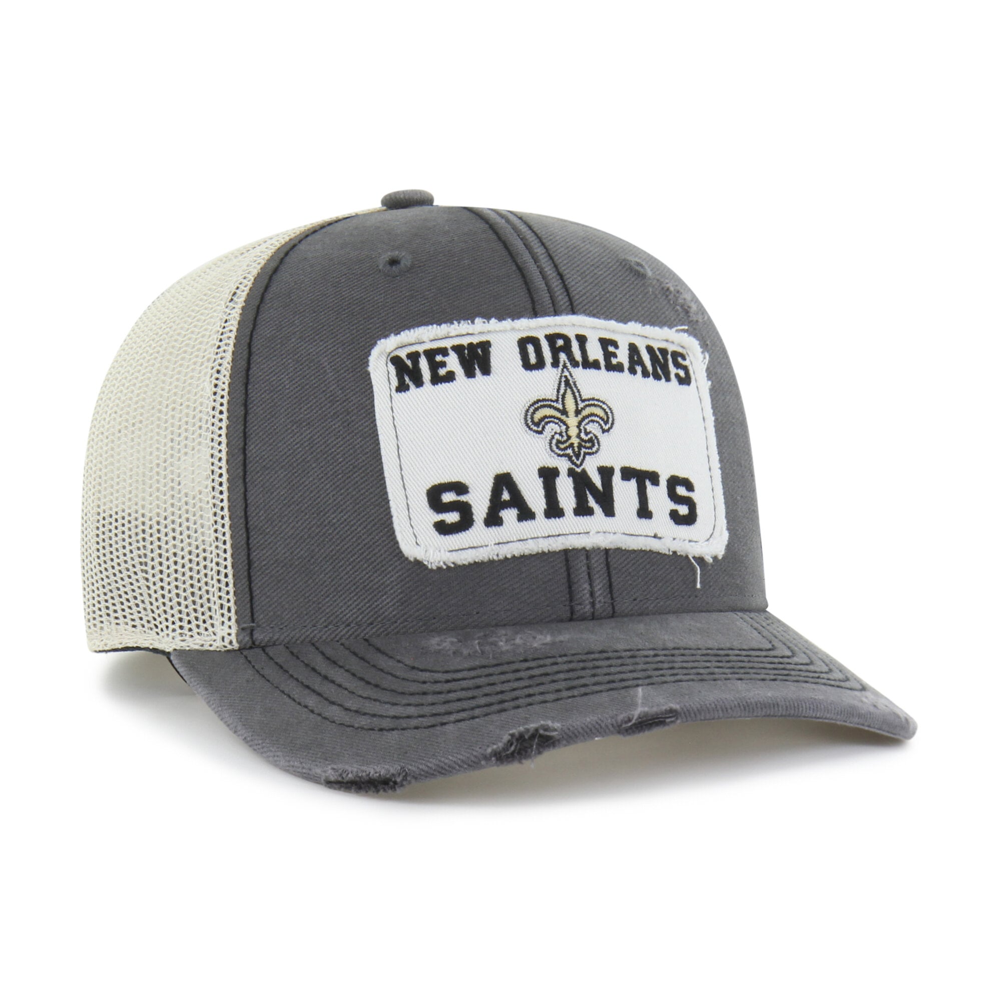 Casquette trucker ajustable New Orleans Saints '47 pour homme, couleur anthracite, modèle Egremont, usée.