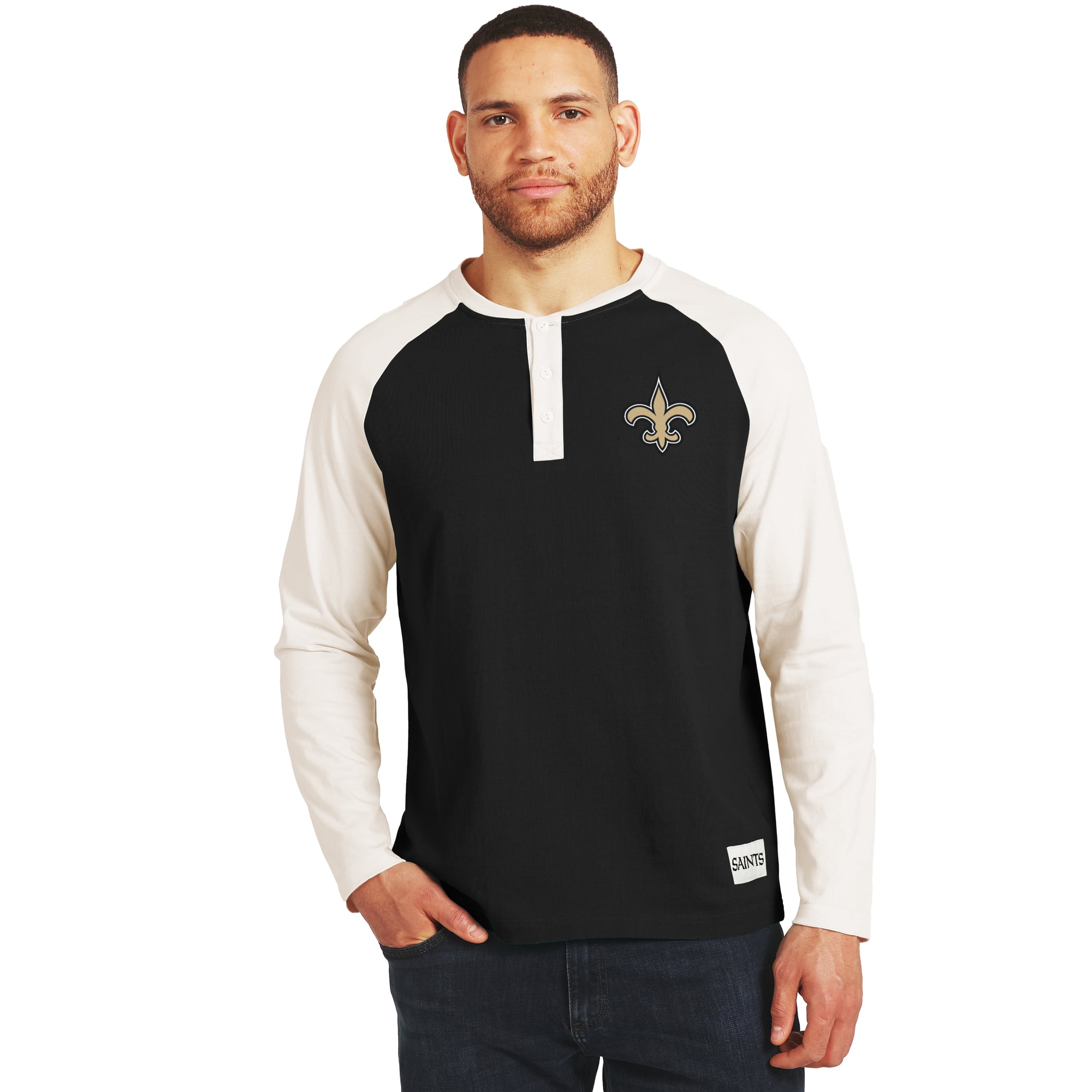 Men's Darius Rucker Collection by Fanatics Black/Cream New Orleans Saints Henley Long Sleeve T-Shirt