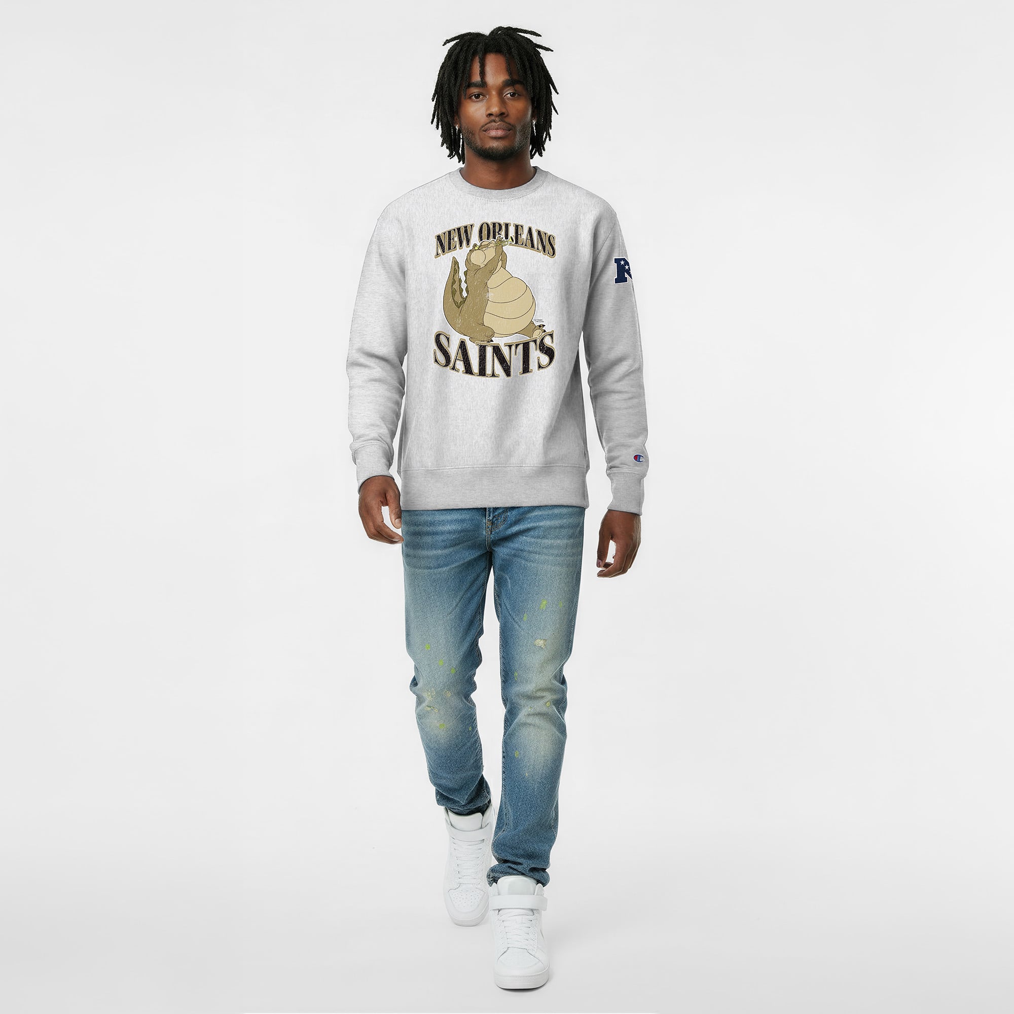 Men's Disney x Champion Heather Gray New Orleans Saints Louis Reverse Weave Sweatshirt