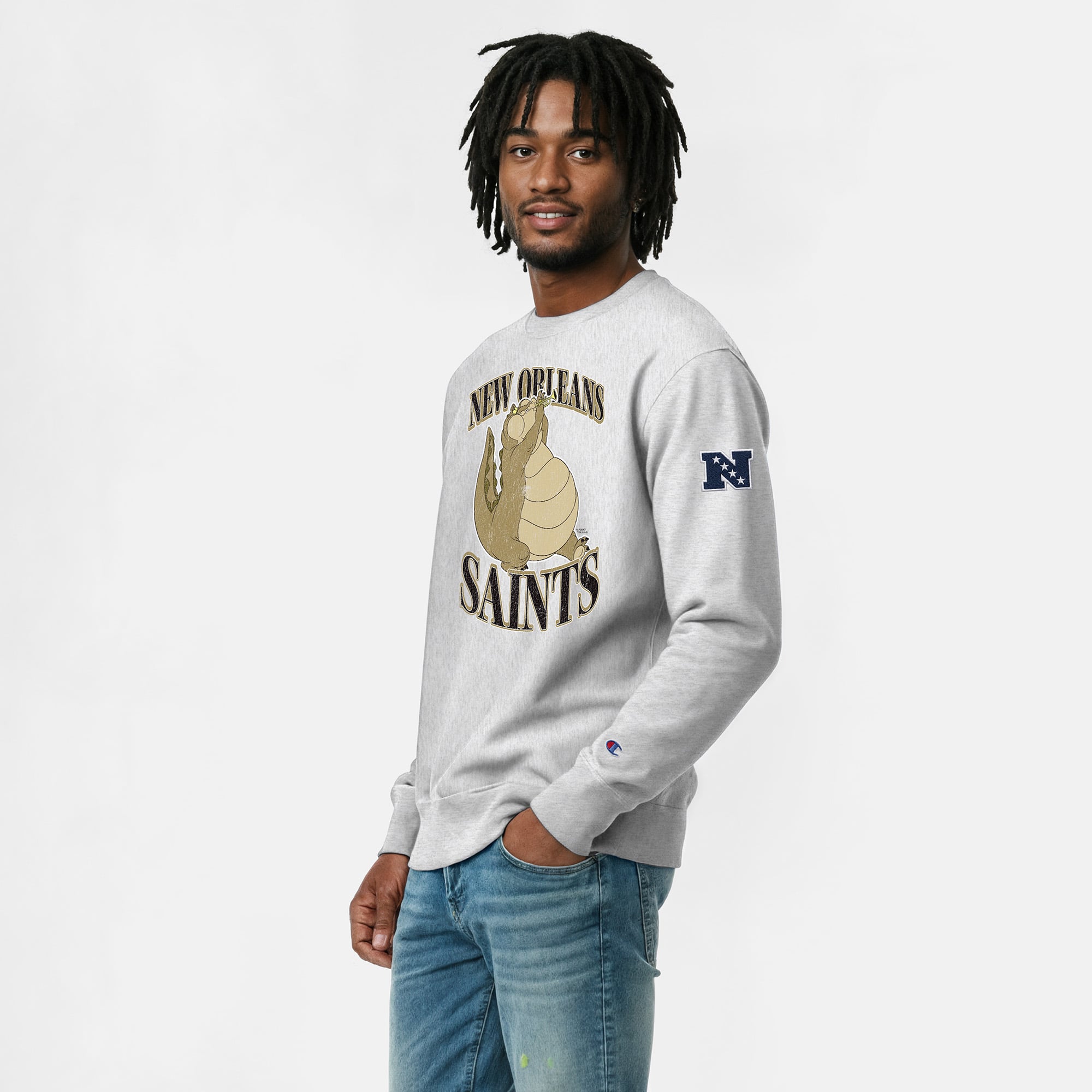 Men's Disney x Champion Heather Gray New Orleans Saints Louis Reverse Weave Sweatshirt