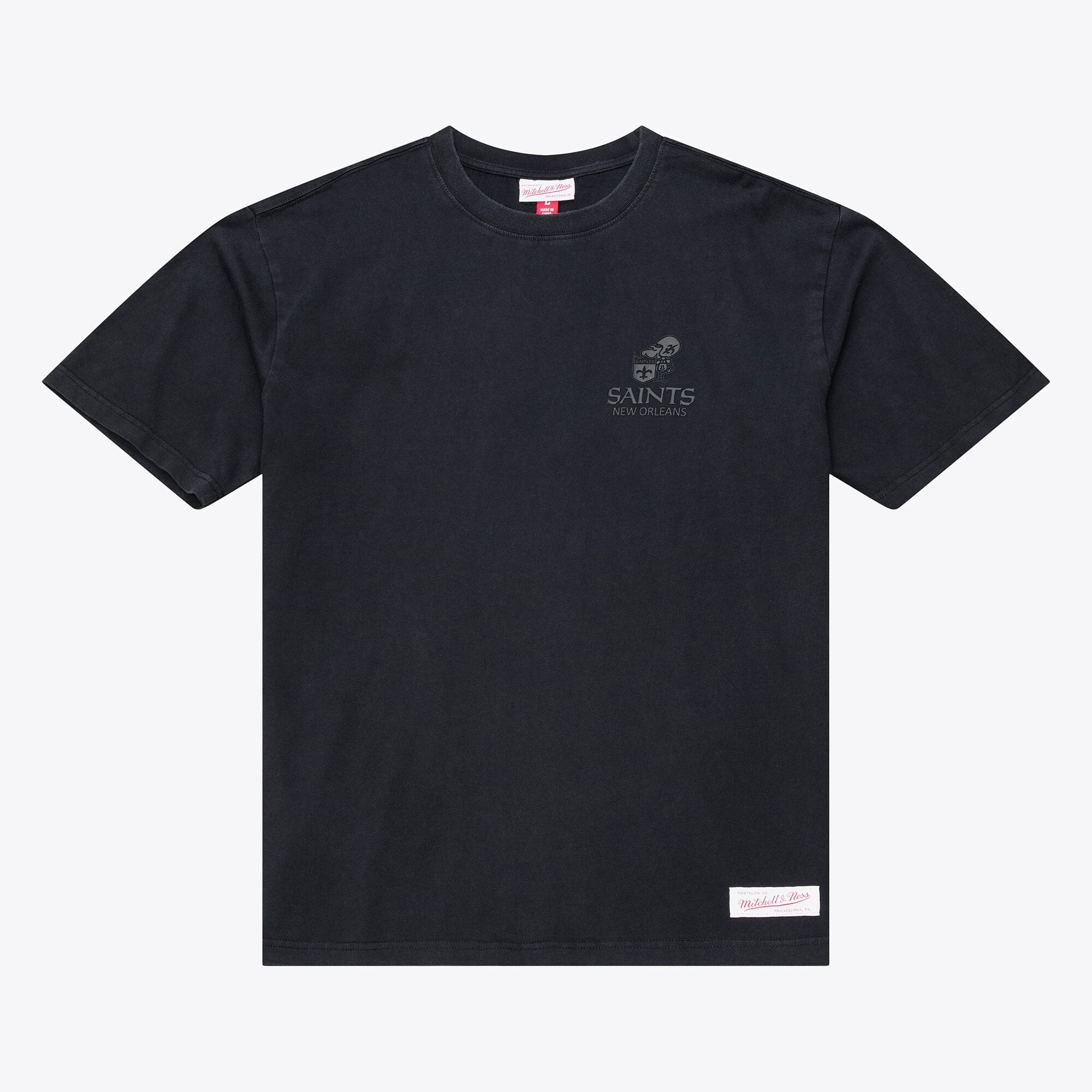T-shirt Mitchell & Ness noir pour homme, modèle Core Essentials Micro Logo des Saints de la Nouvelle-Orléans
