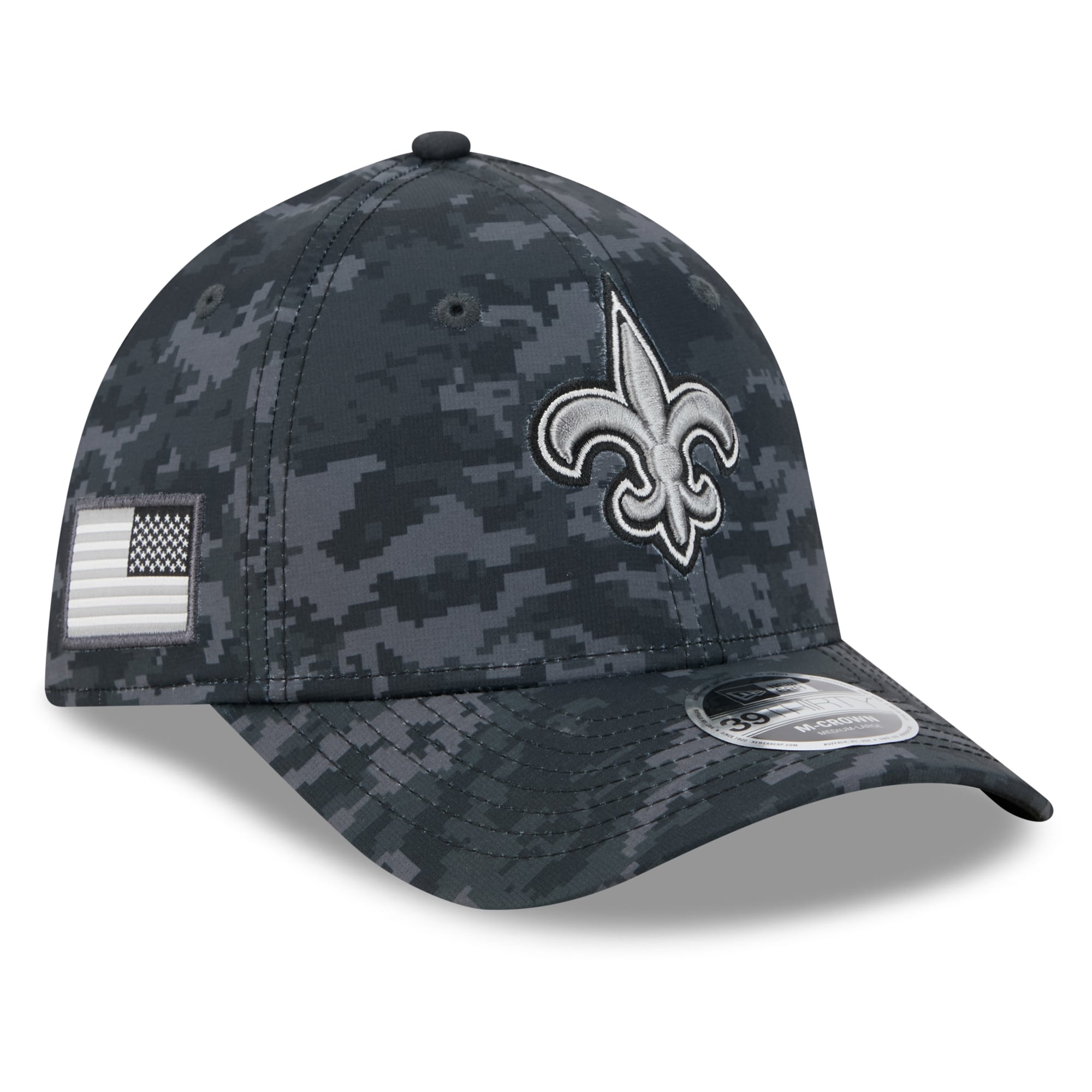 Casquette extensible New Era noire pour homme, modèle 39THIRTY M-Crown, édition spéciale Orleans Saints 2026 Salute To Service