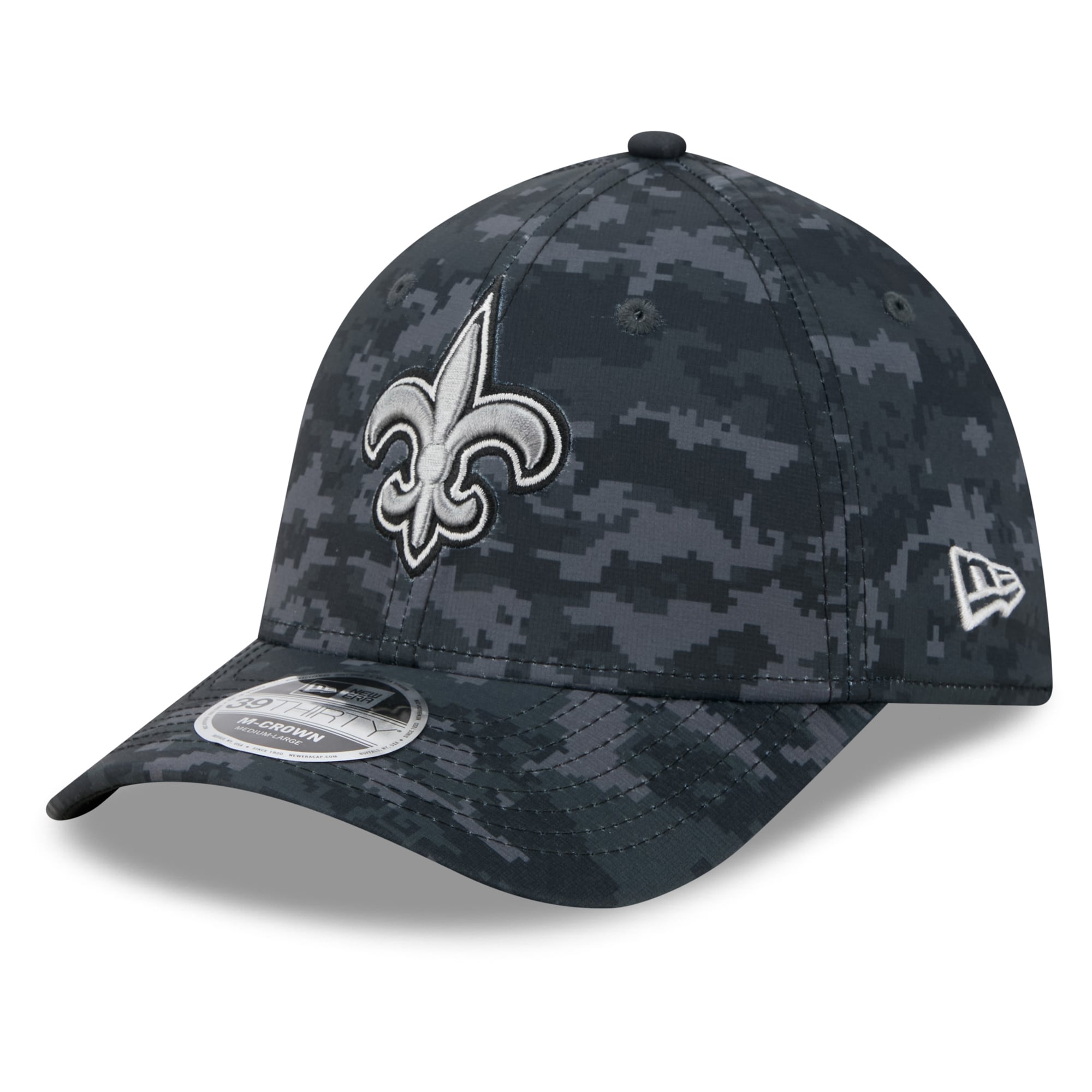 Casquette extensible New Era noire pour homme, modèle 39THIRTY M-Crown, édition spéciale Orleans Saints 2026 Salute To Service
