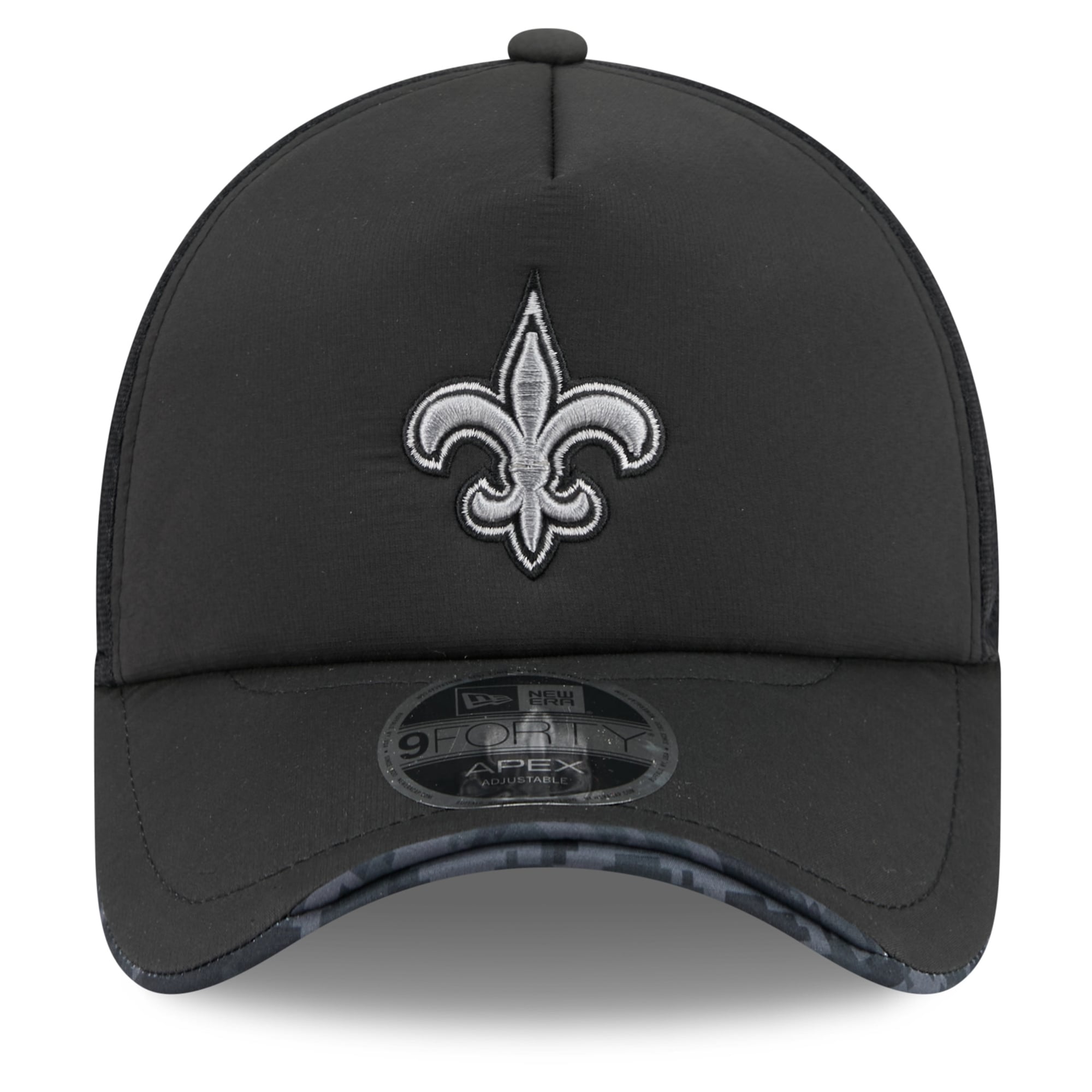 Men's New Era Black New Orleans Saints 2026 Salute To Service Apex 9FORTY Adjustable Trucker Hat