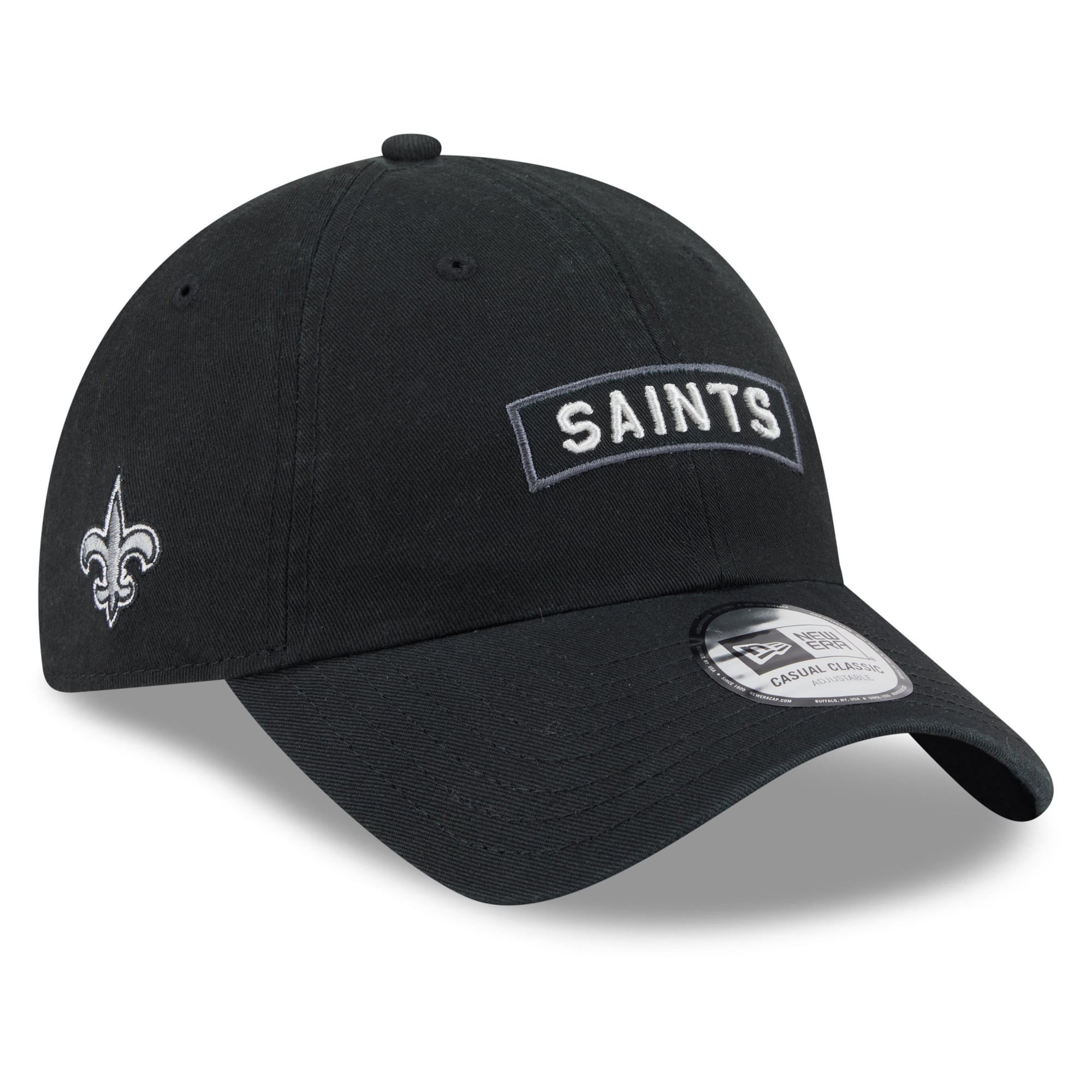 Casquette New Era noire pour homme, modèle New Orleans Saints 2026 Salute To Service, style classique décontracté et ajustable