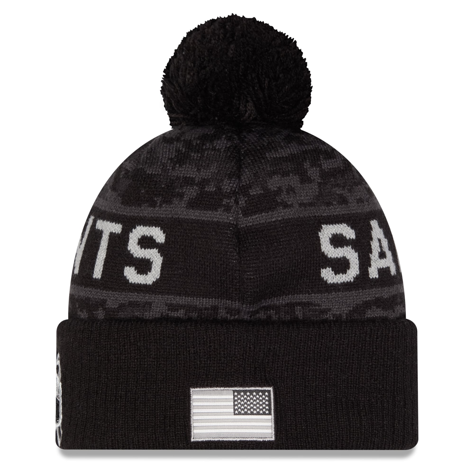 Bonnet à revers New Era noir pour homme, modèle New Orleans Saints 2026 Salute To Service, avec pompon.