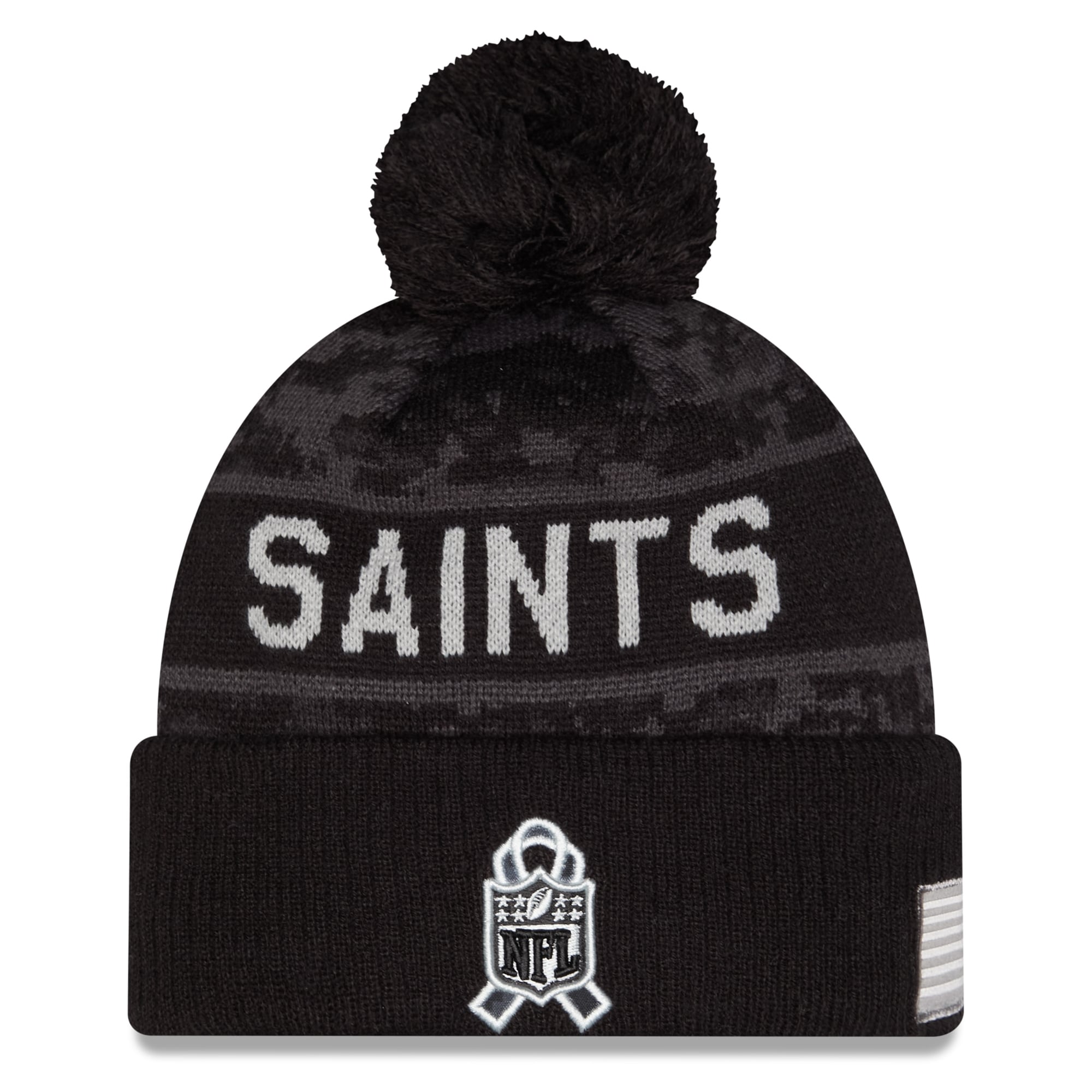 Bonnet à revers New Era noir pour homme, modèle New Orleans Saints 2026 Salute To Service, avec pompon.