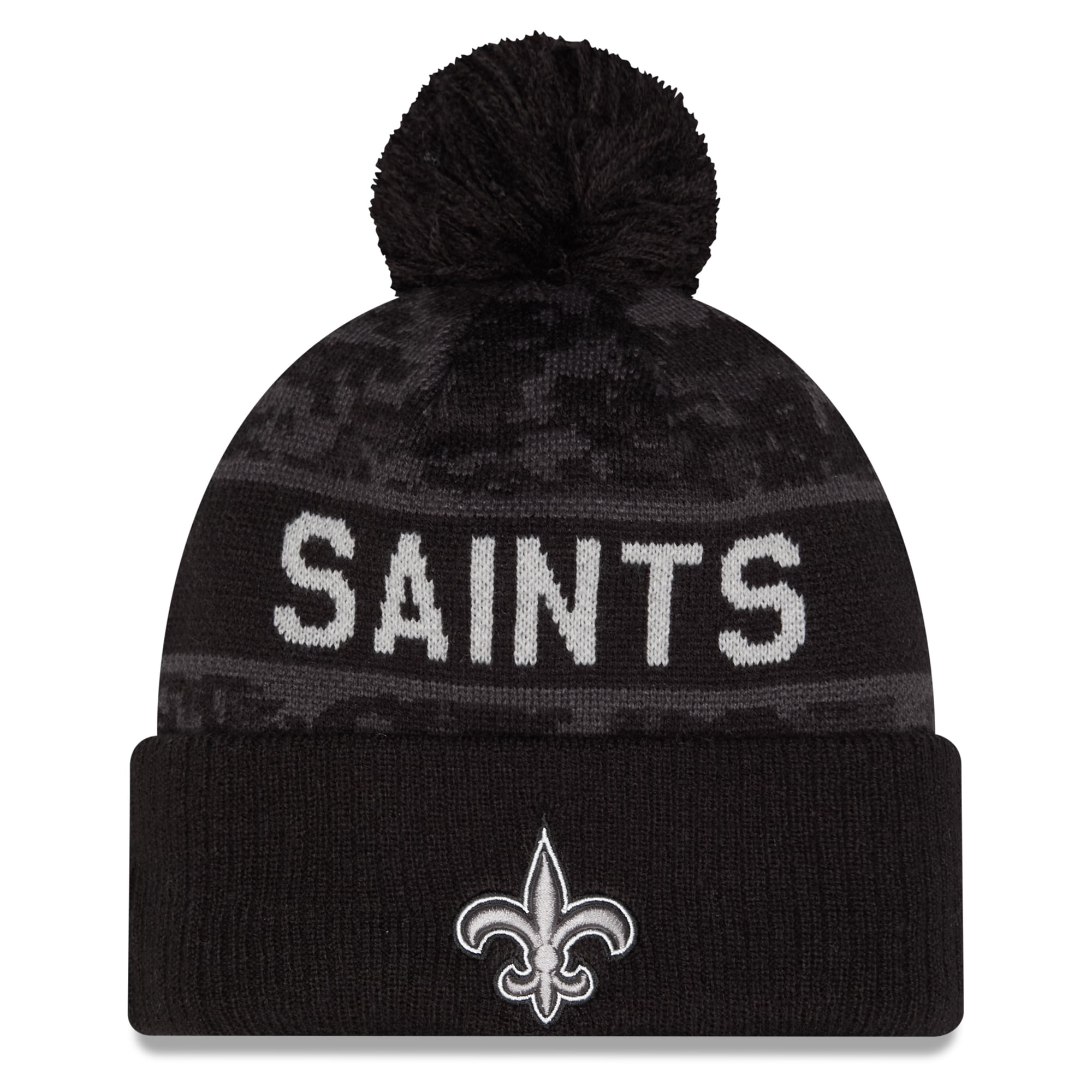 Bonnet à revers New Era noir pour homme, modèle New Orleans Saints 2026 Salute To Service, avec pompon.