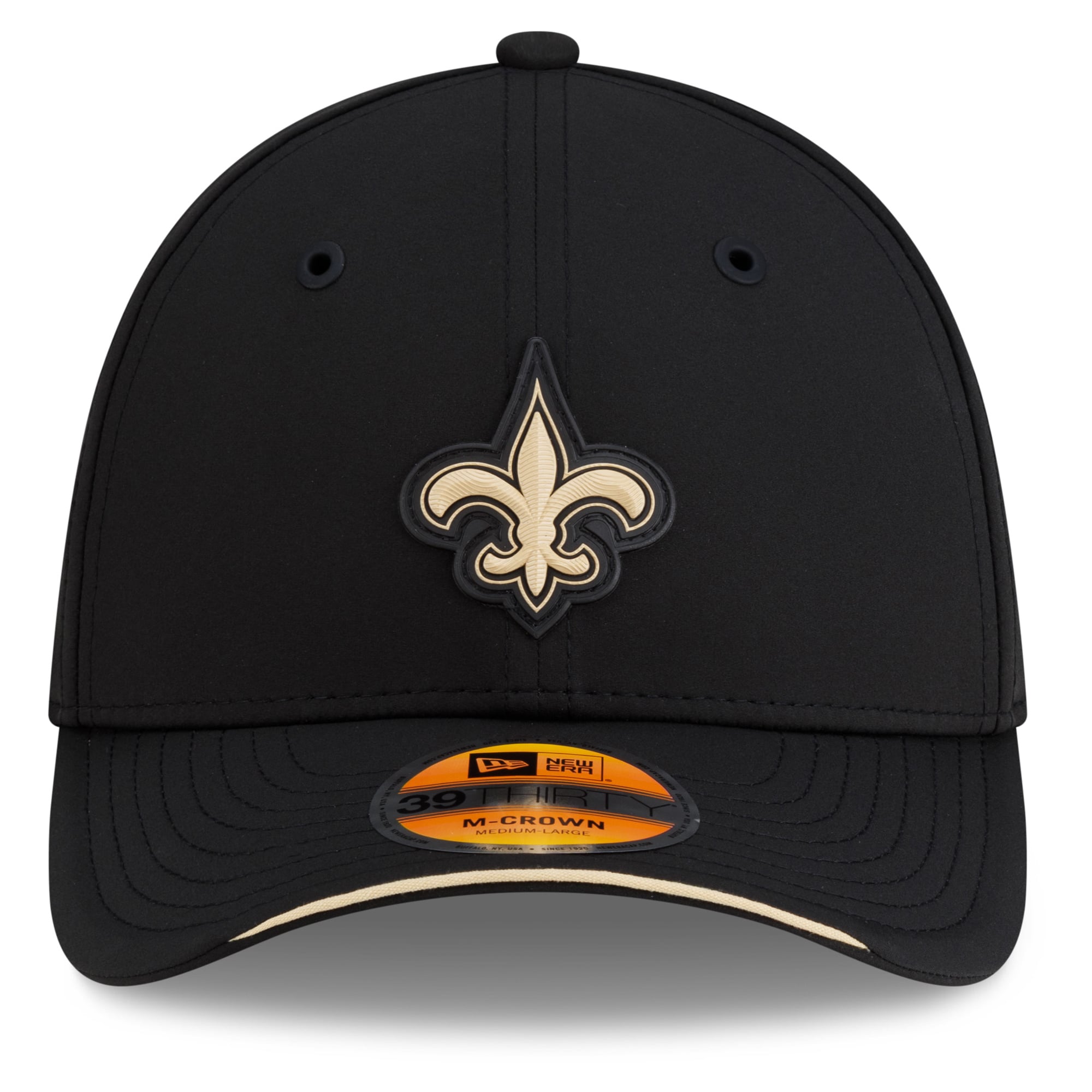Casquette New Era noire pour homme, Orleans Saints 2026 Sideline 39THIRTY M-Crown Flex