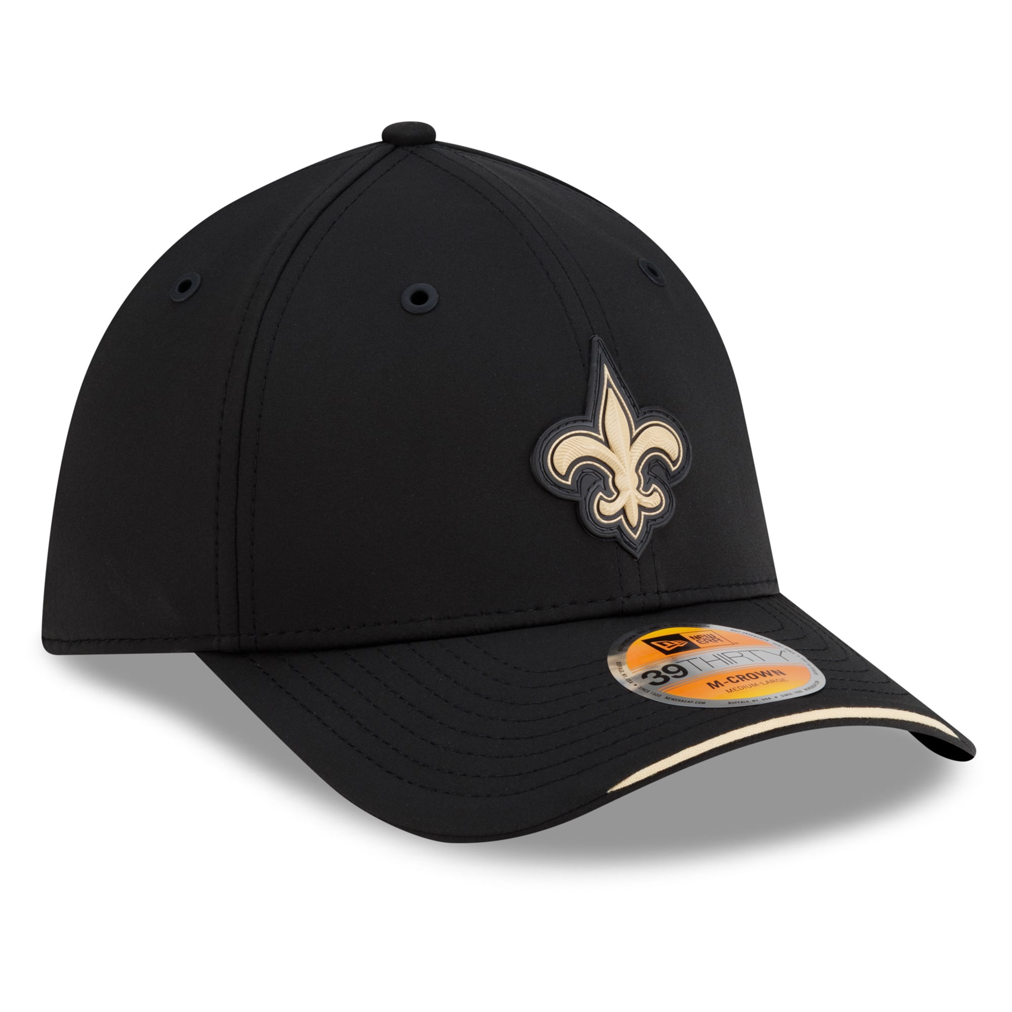 Casquette New Era noire pour homme, Orleans Saints 2026 Sideline 39THIRTY M-Crown Flex