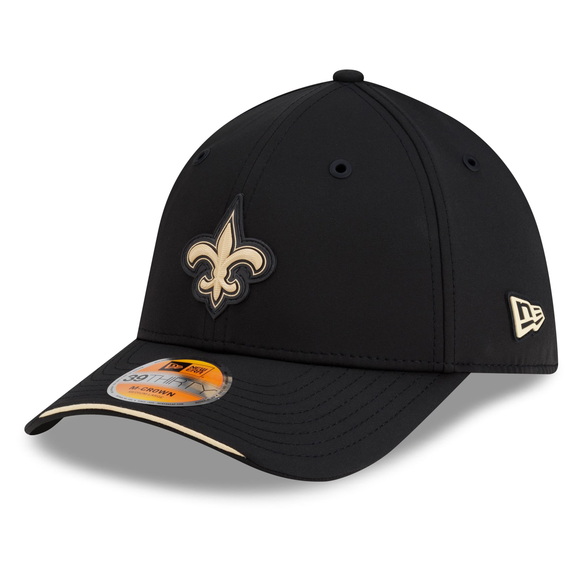 Casquette New Era noire pour homme, Orleans Saints 2026 Sideline 39THIRTY M-Crown Flex