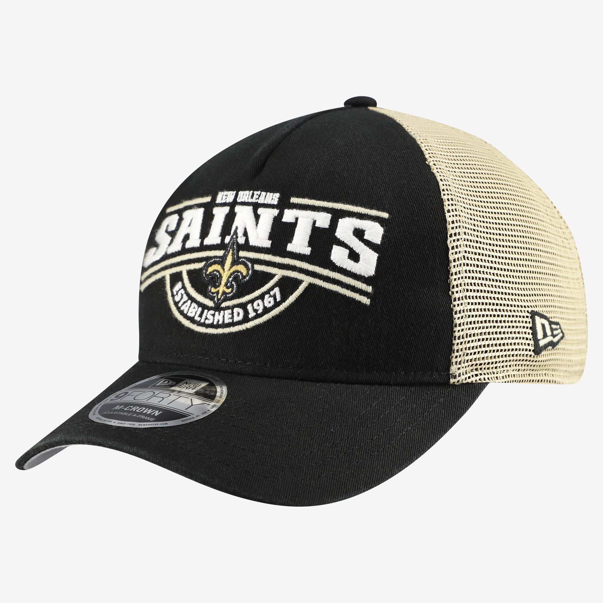 Casquette ajustable New Era 9FORTY A-Frame noire pour homme, modèle New Era New Orleans Saints