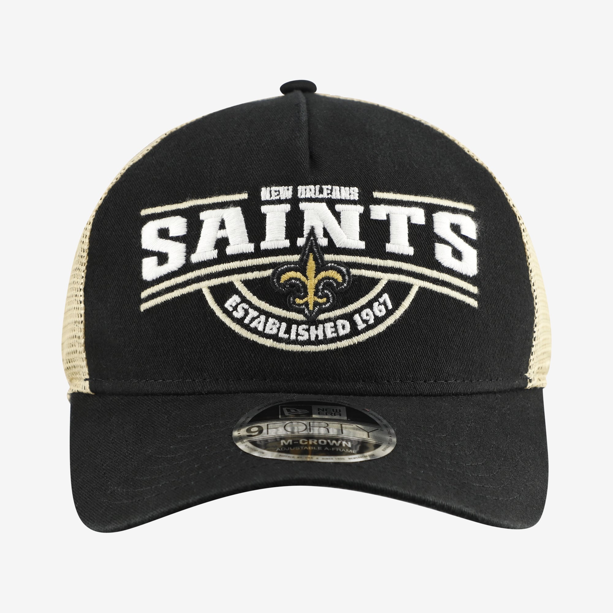 Casquette ajustable New Era 9FORTY A-Frame noire pour homme, modèle New Era New Orleans Saints