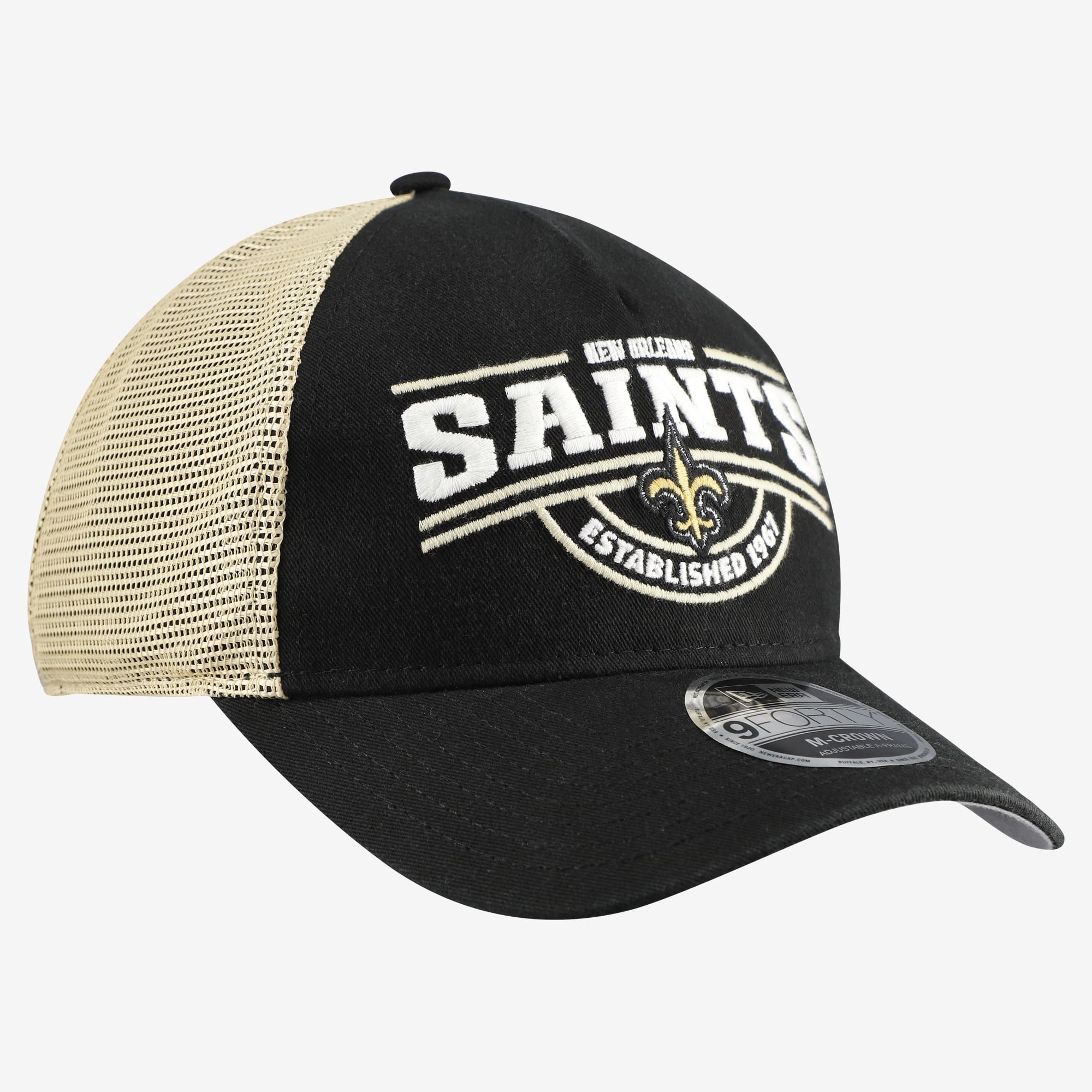 Casquette ajustable New Era 9FORTY A-Frame noire pour homme, modèle New Era New Orleans Saints