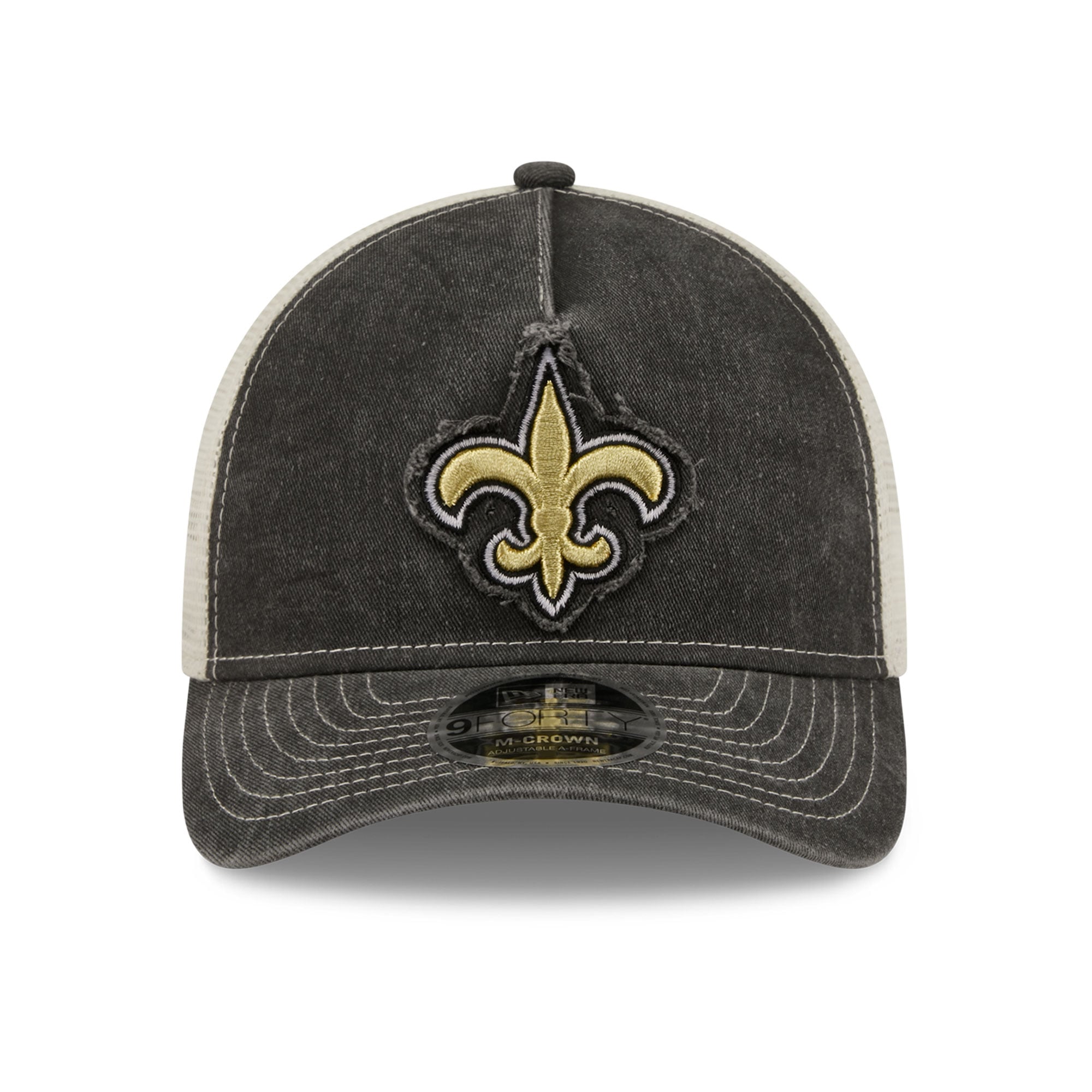 Casquette trucker ajustable New Era noire pour homme, modèle 9FORTY, aux couleurs des Saints de La Nouvelle-Orléans.