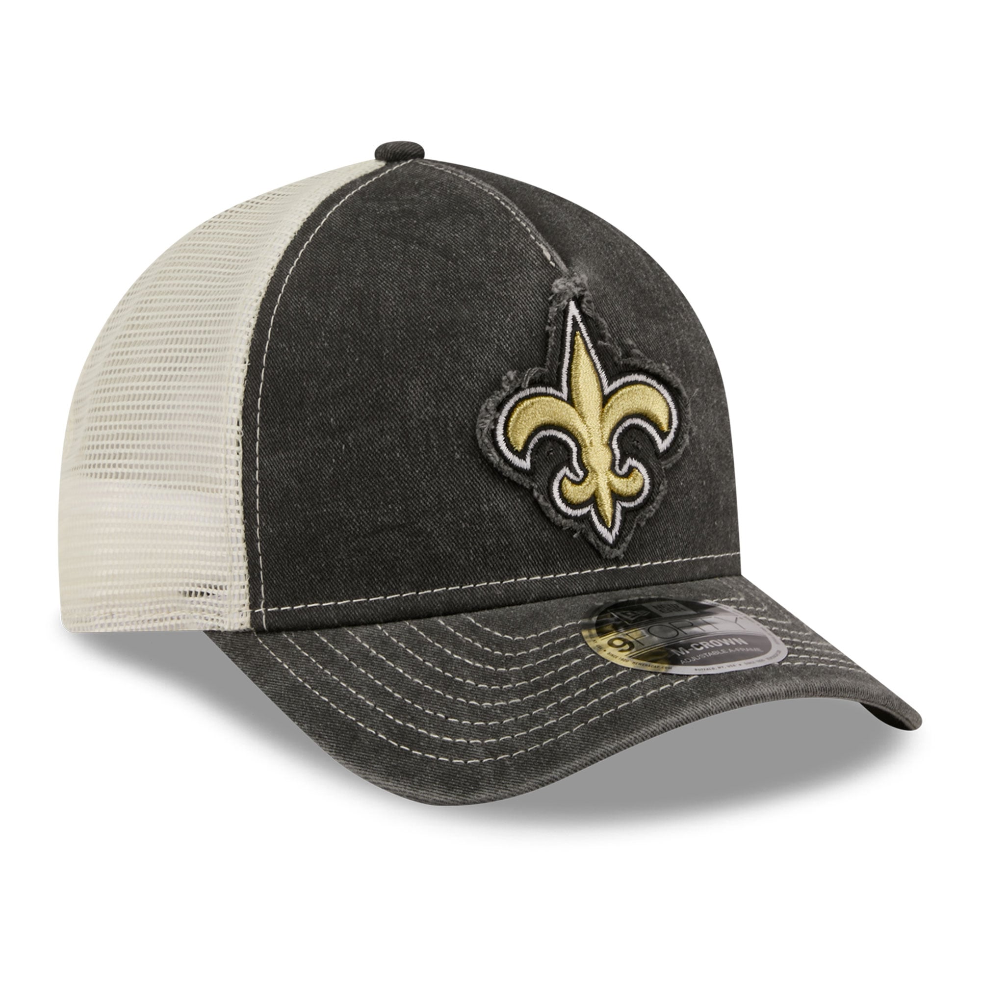 Casquette trucker ajustable New Era noire pour homme, modèle 9FORTY, aux couleurs des Saints de La Nouvelle-Orléans.