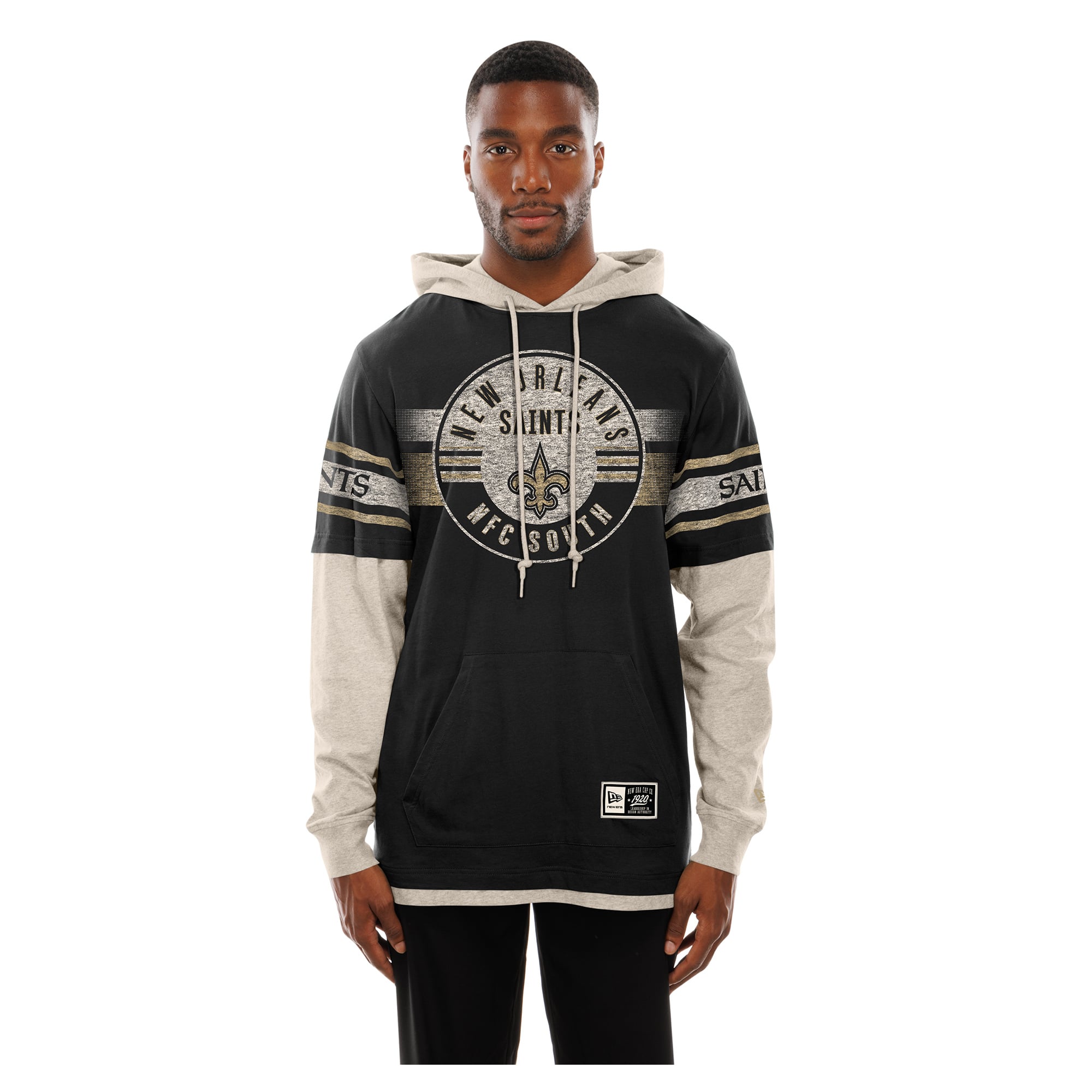 Men's New Era Black Orleans Saints Twofer Layered Long Sleeve Hooded T-Shirt