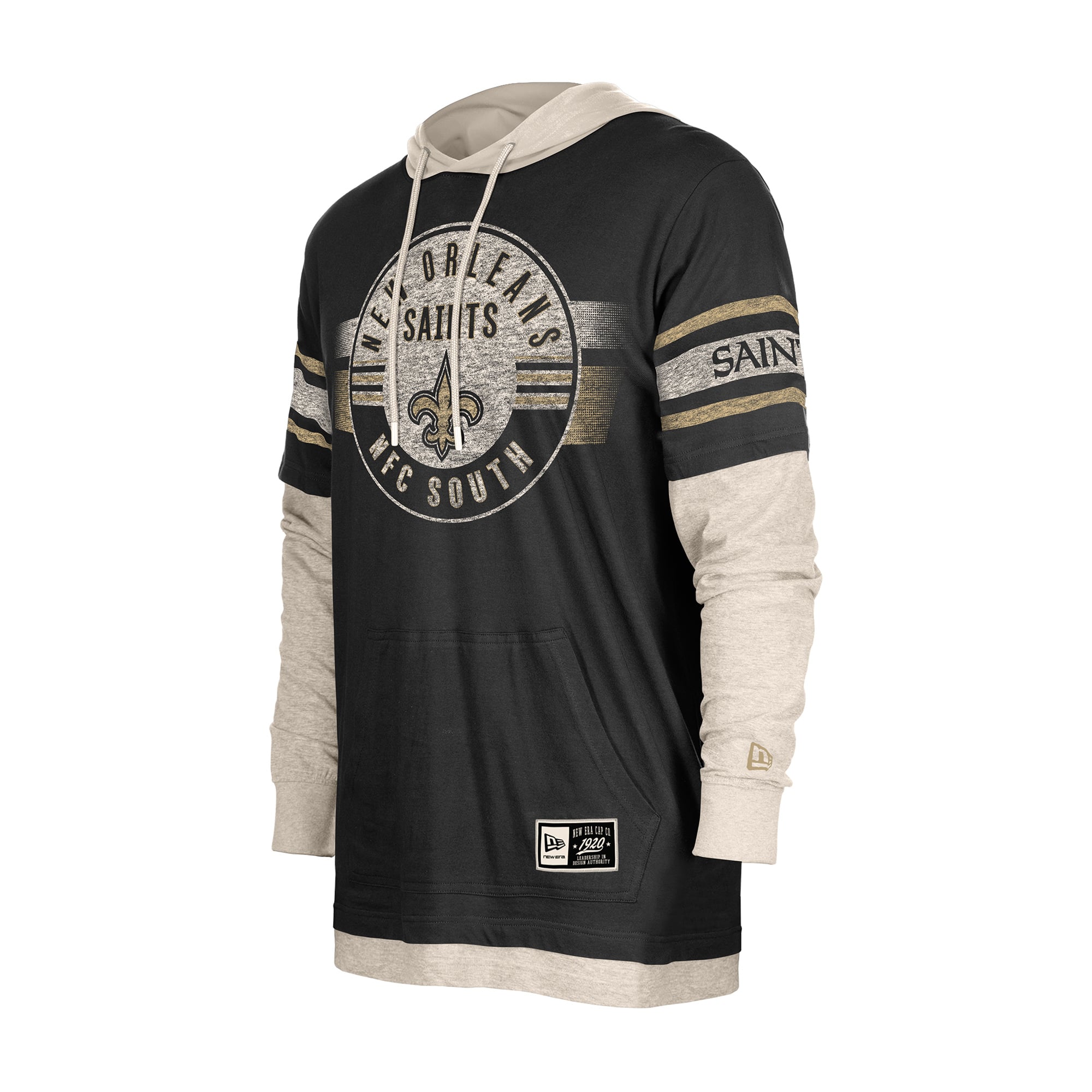 Men's New Era Black Orleans Saints Twofer Layered Long Sleeve Hooded T-Shirt